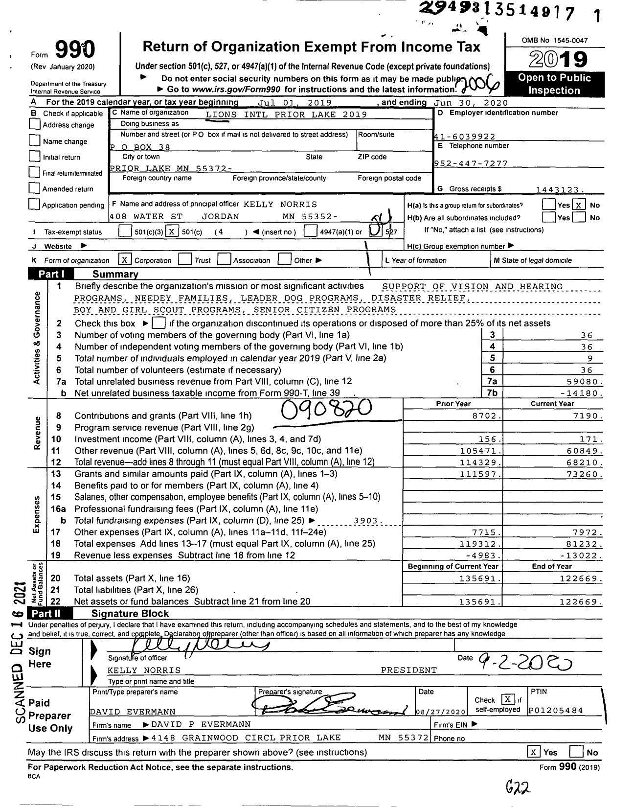 Image of first page of 2019 Form 990O for Lions Clubs - 3019 Prior Lake