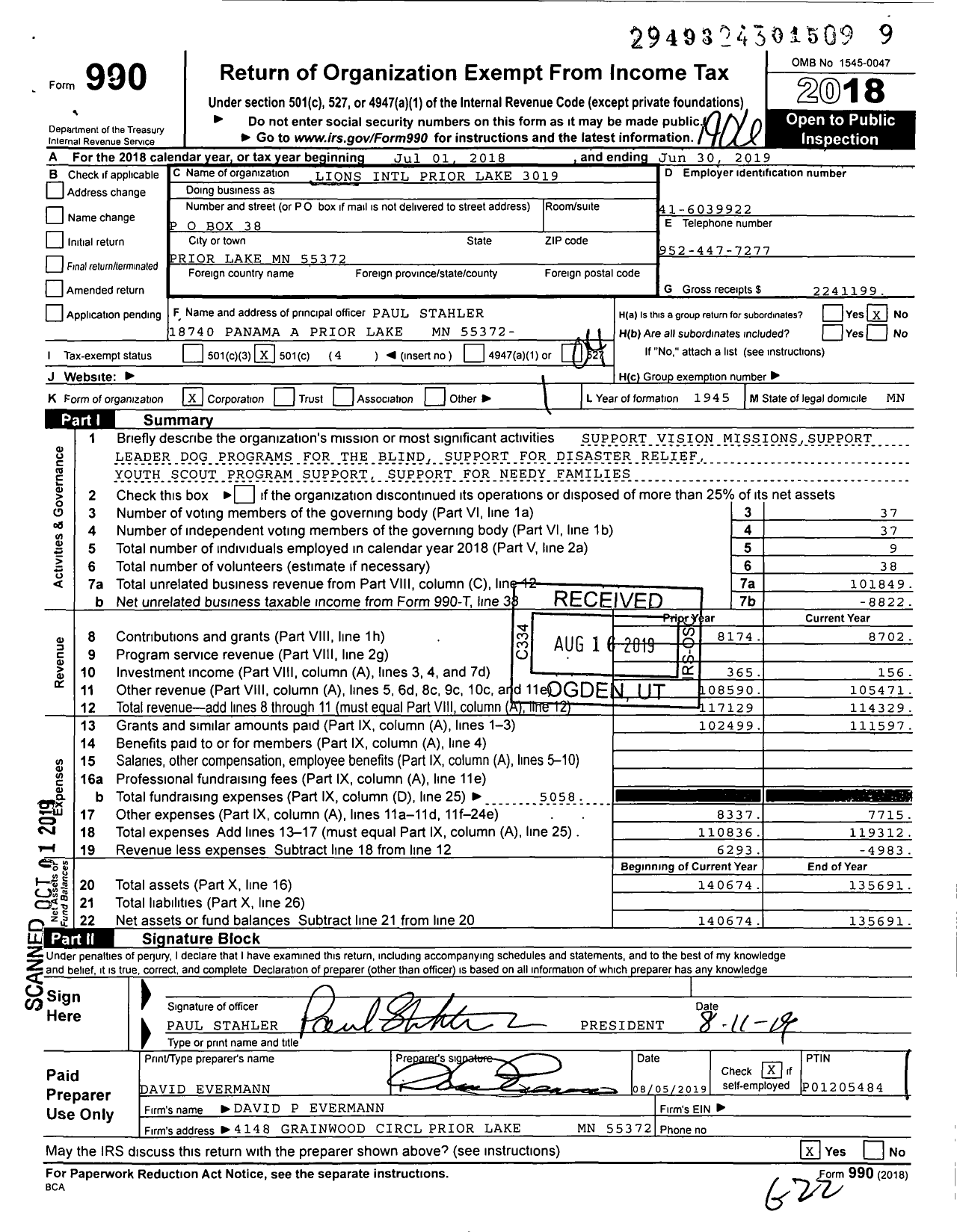 Image of first page of 2018 Form 990O for Lions Clubs - 3019 Prior Lake