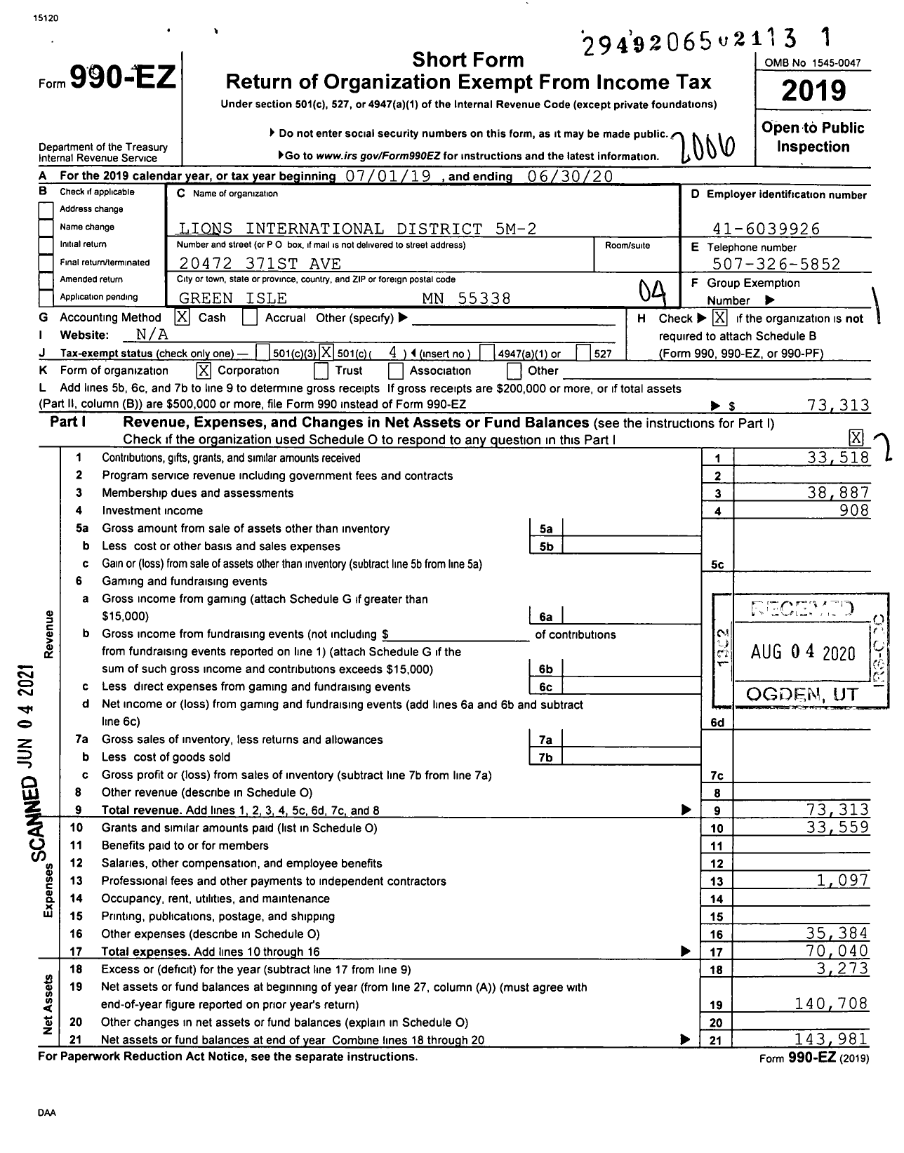 Image of first page of 2019 Form 990EO for Lions Clubs - 65583 District 5M 2