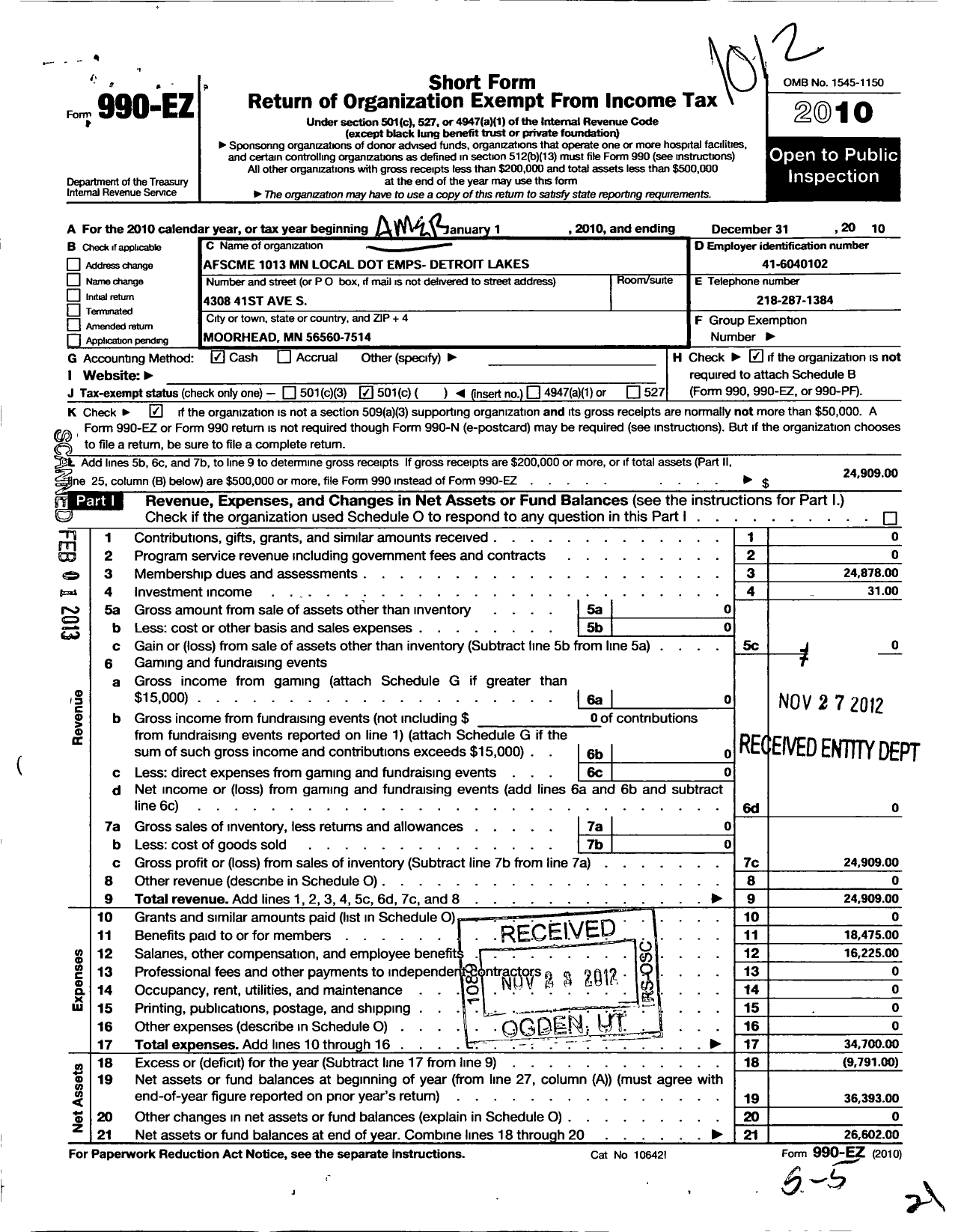 Image of first page of 2010 Form 990EO for American Federation of State County & Municipal Employees - L1013MN Dot Emps-Detroit Lakes