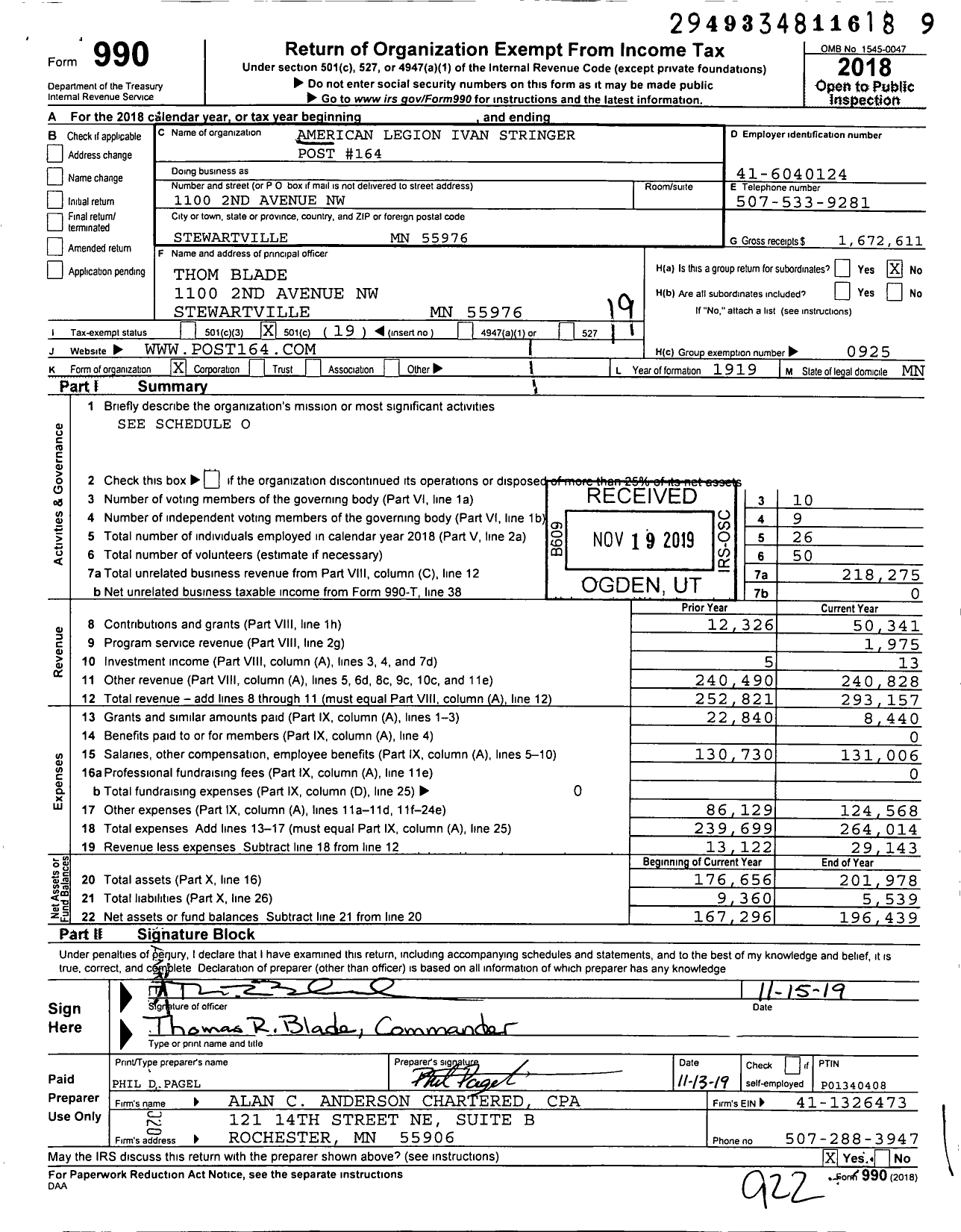 Image of first page of 2018 Form 990O for American Legion - 0164 Ivan Stringer