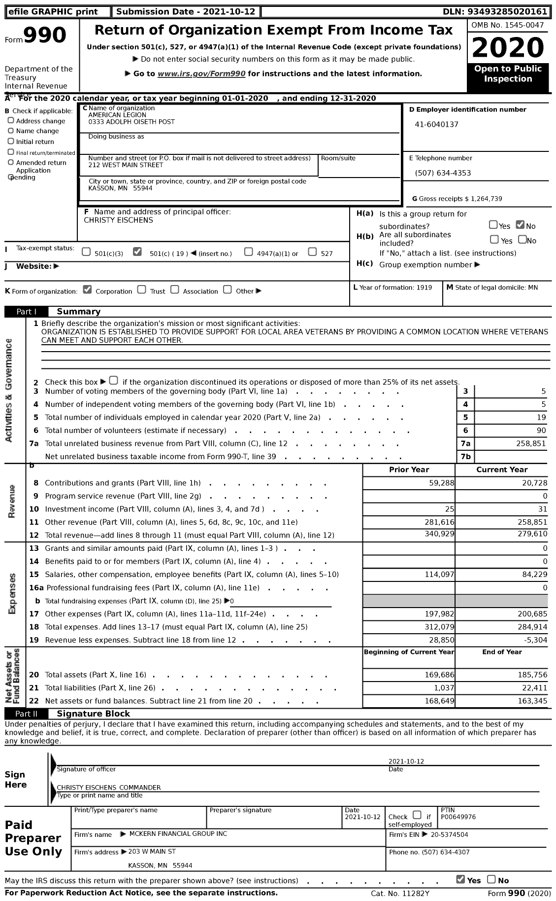 Image of first page of 2020 Form 990 for American Legion - 0333 Adolph Oiseth Post