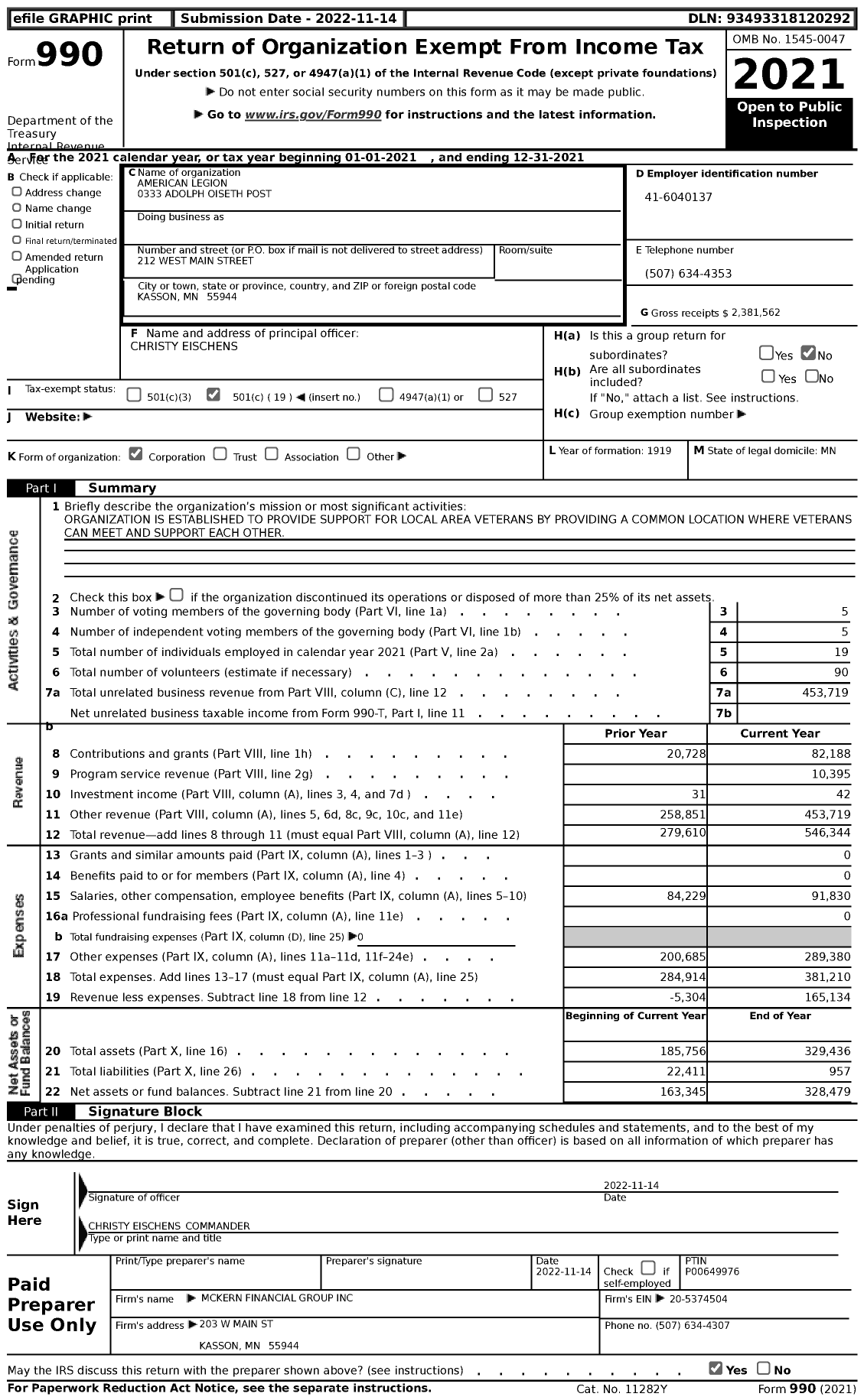 Image of first page of 2021 Form 990 for American Legion - 0333 Adolph Oiseth Post