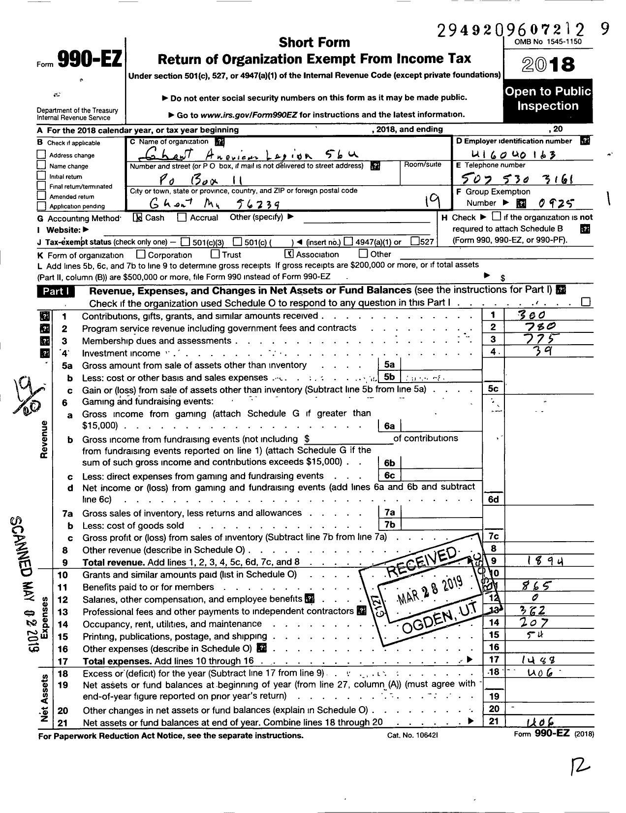 Image of first page of 2018 Form 990EO for Ghent American Legion 564