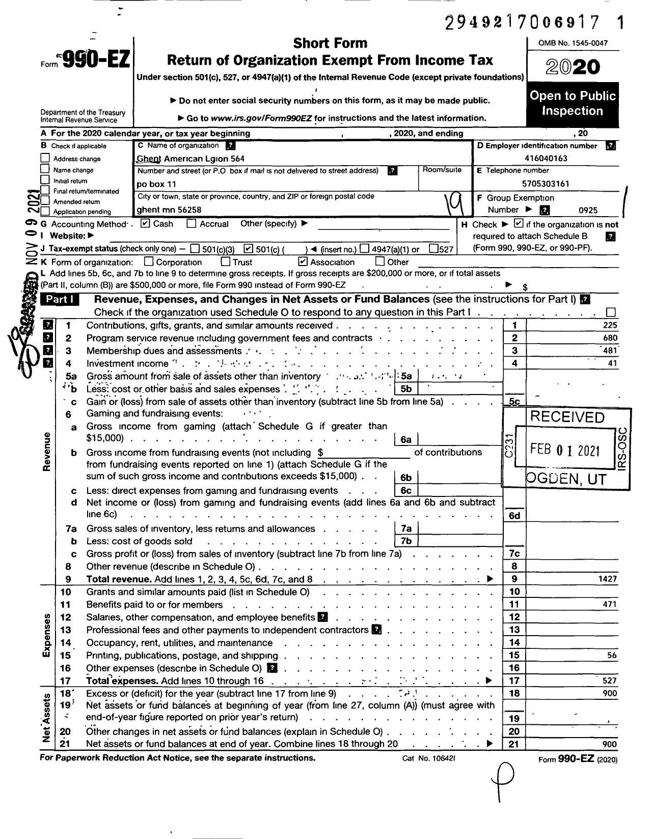 Image of first page of 2020 Form 990EO for Ghent American Legion 564