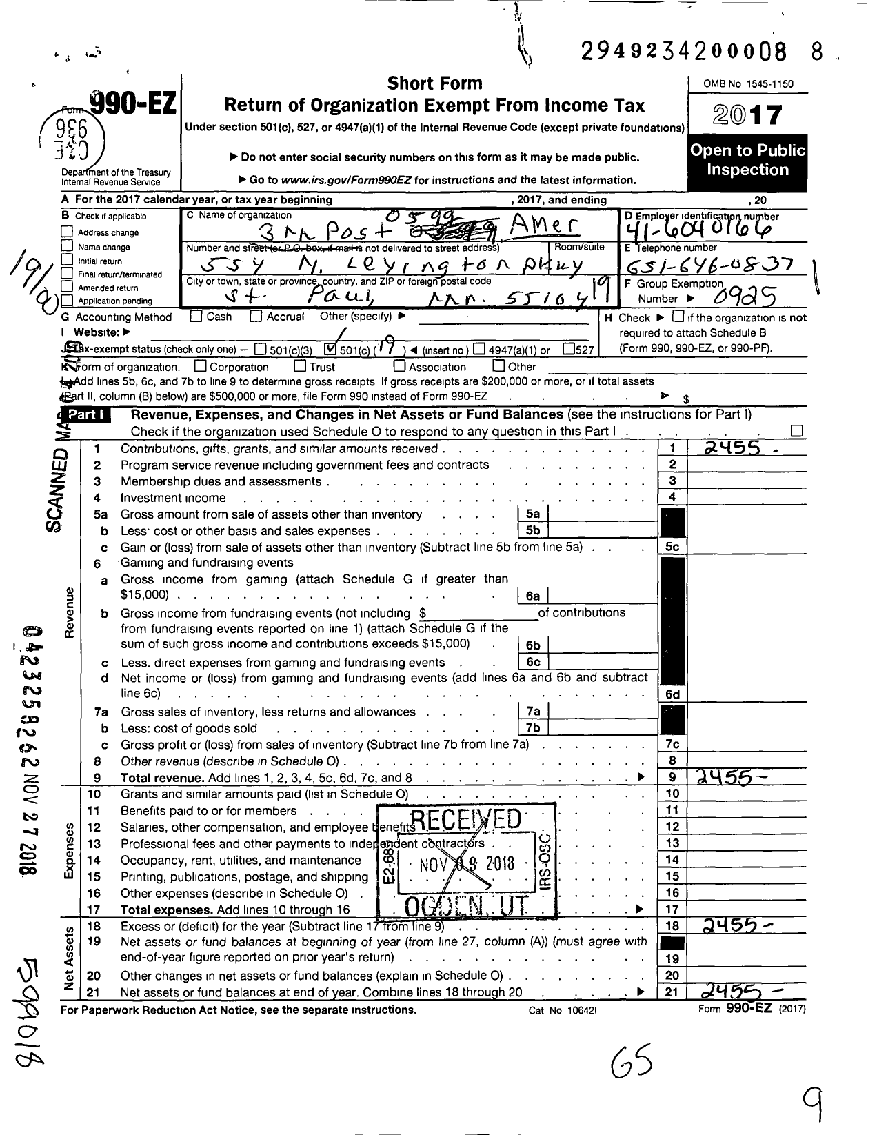 Image of first page of 2017 Form 990EO for American Legion - 0599 3 M Post MN