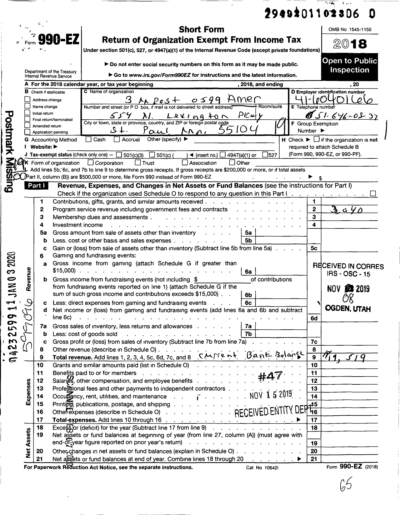 Image of first page of 2018 Form 990EO for American Legion - 0599 3 M Post MN