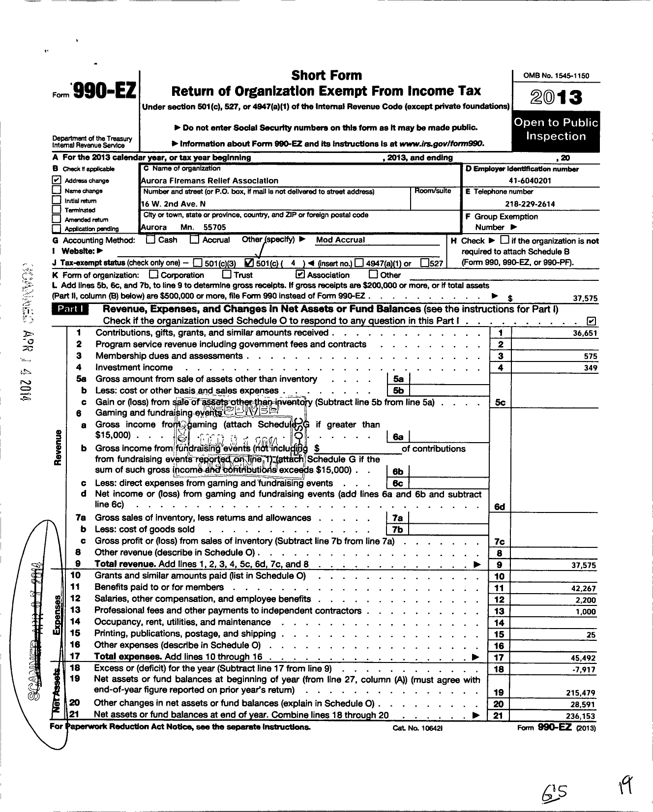 Image of first page of 2013 Form 990EO for Aurora Firemens Relief Association