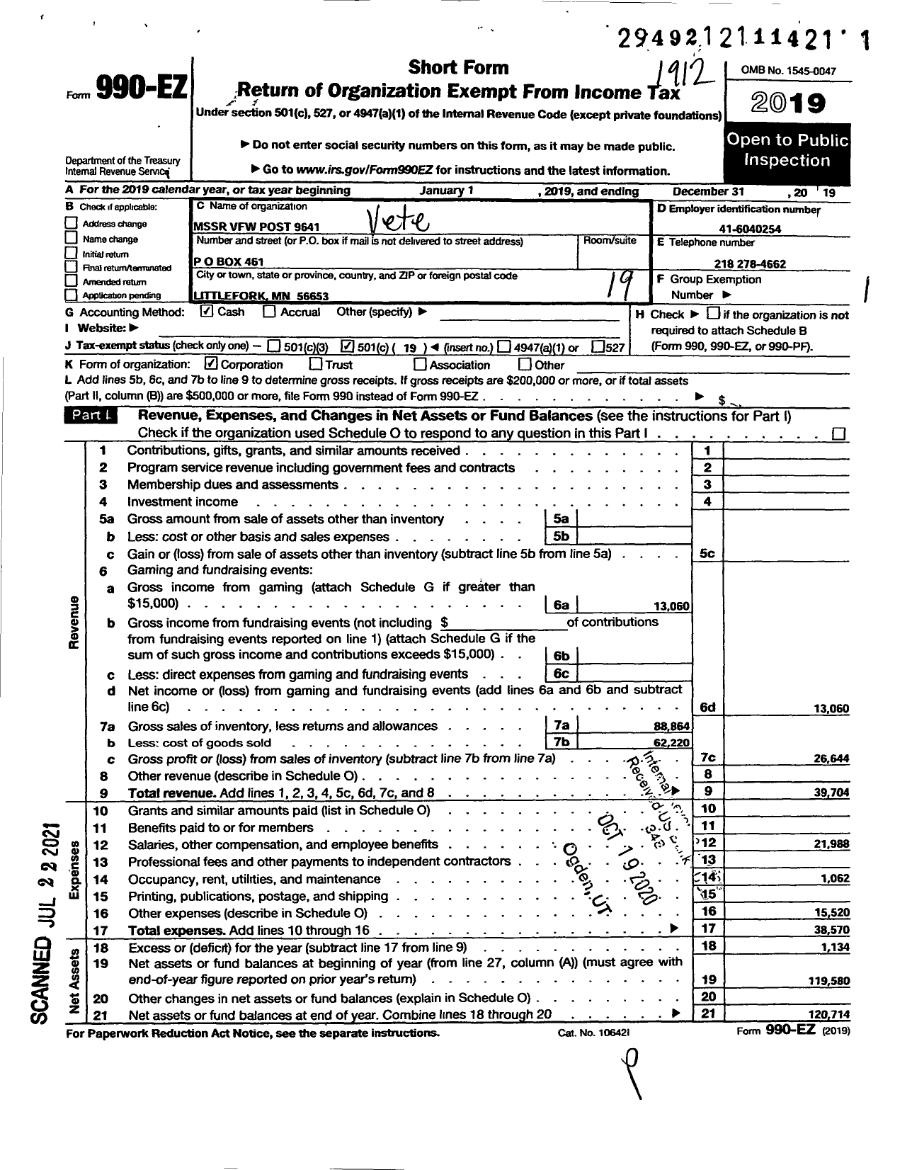 Image of first page of 2019 Form 990EO for MN VFW - 9641 VFW-MN (9641 VFW-MN)