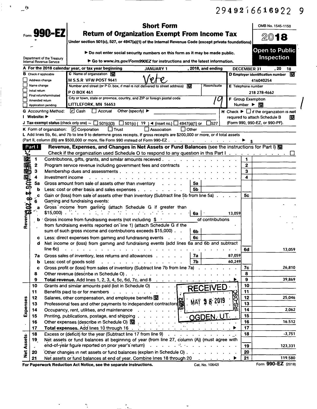 Image of first page of 2018 Form 990EO for MN VFW - 9641 VFW-MN (9641 VFW-MN)