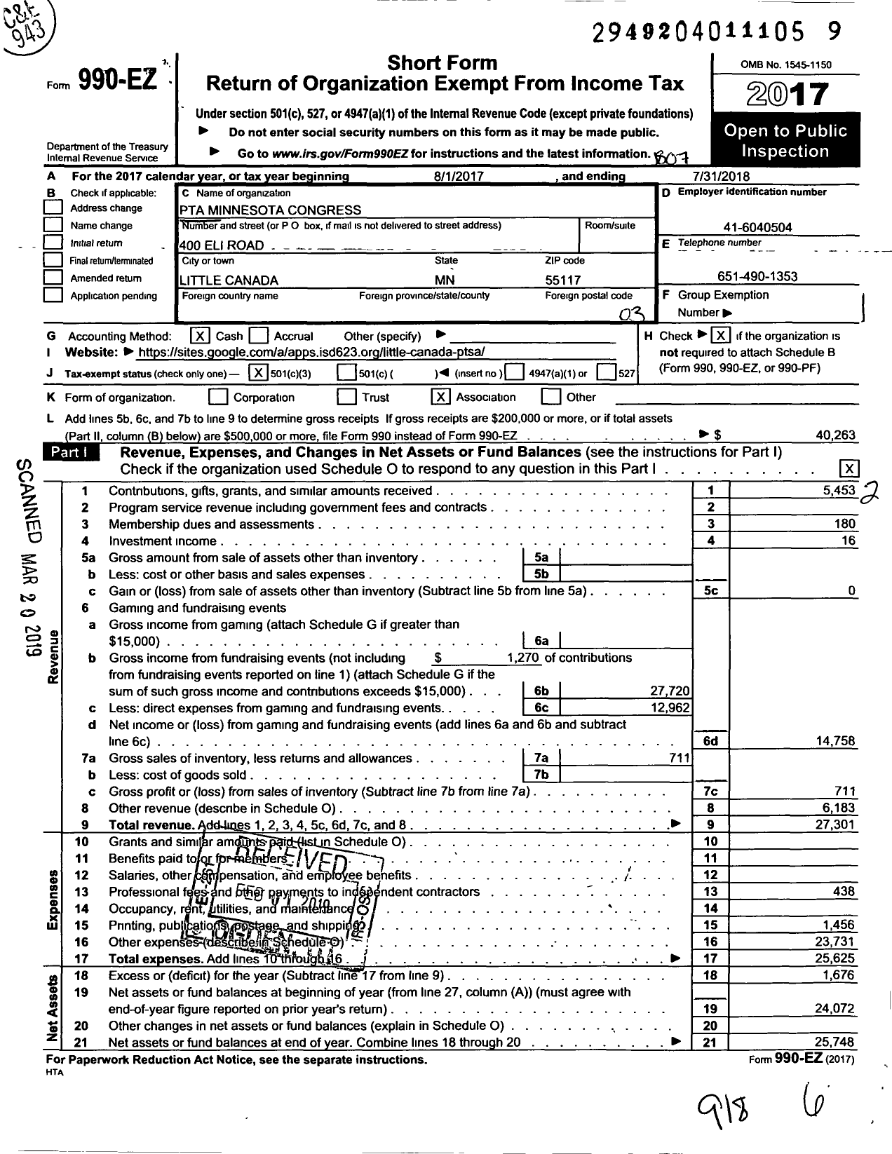 Image of first page of 2017 Form 990EZ for Little Canada Ptsa