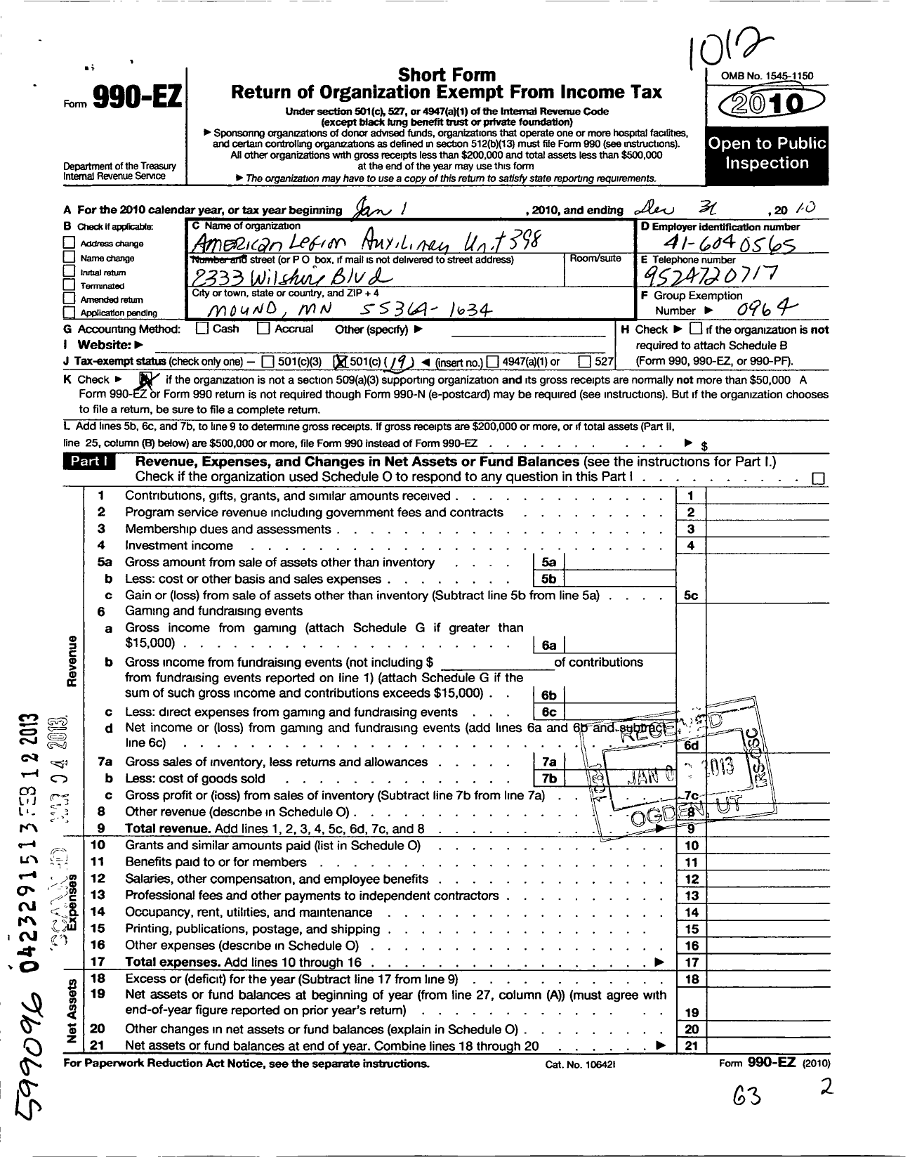 Image of first page of 2010 Form 990EO for Minnetonka American Legion Post 398 Auxiliary