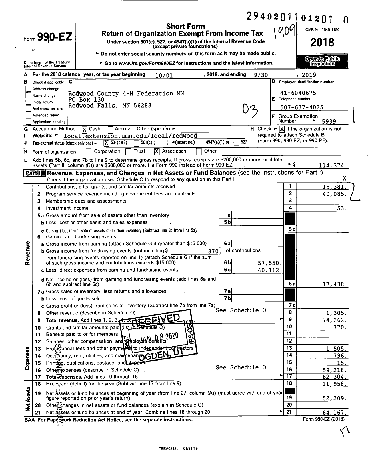 Image of first page of 2018 Form 990EZ for Redwood County 4-H Federation MN