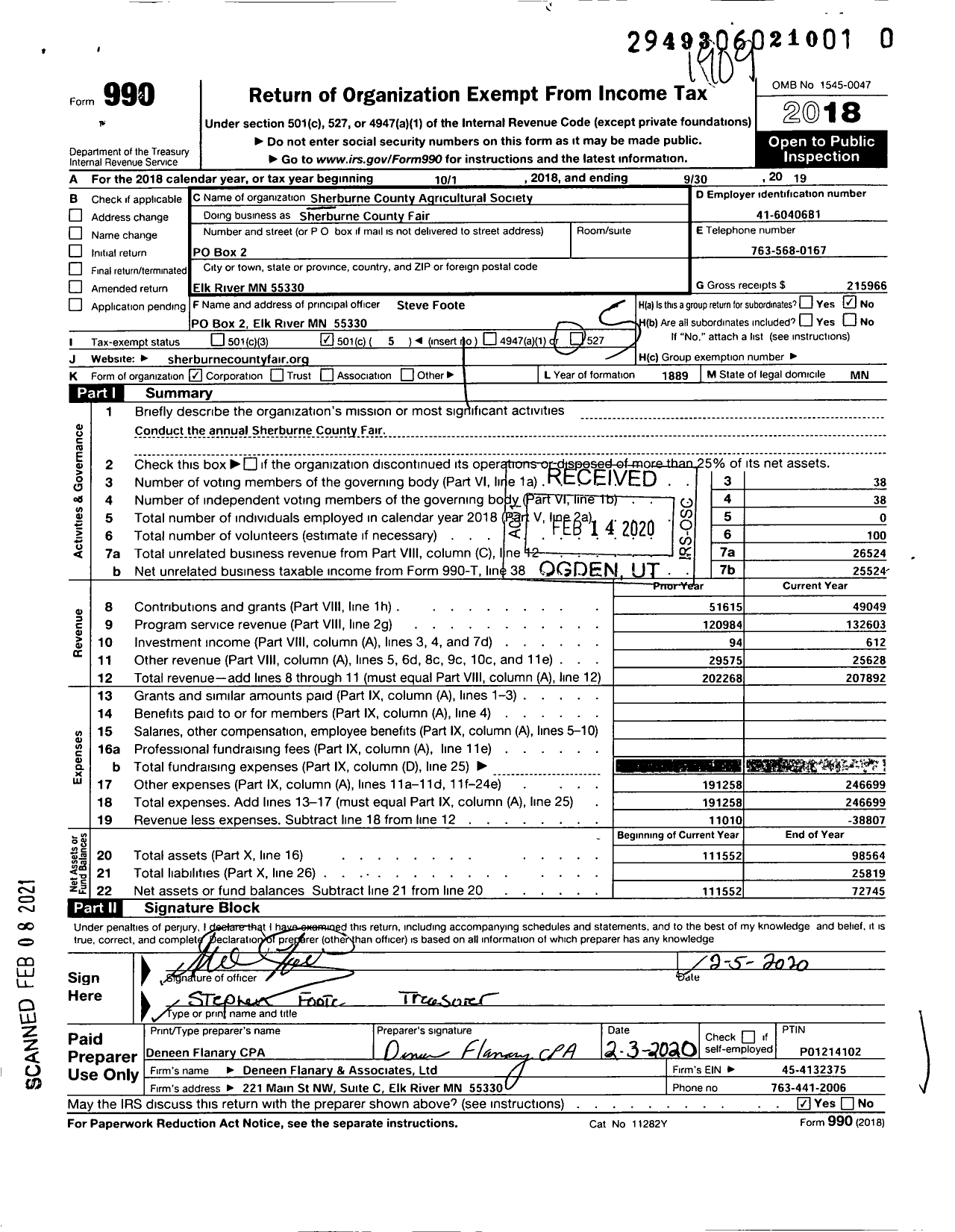 Image of first page of 2018 Form 990O for Sherburne County Fair / Sherburne County Agricultural Society