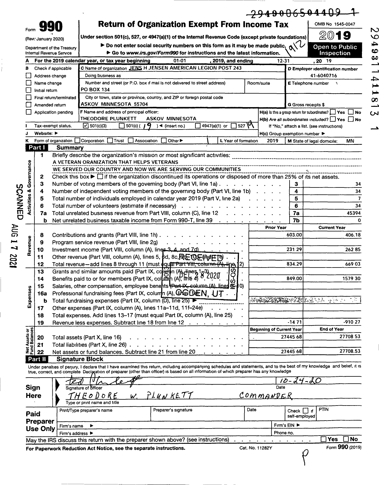 Image of first page of 2019 Form 990O for American Legion - 243 Jens H Jensen Post