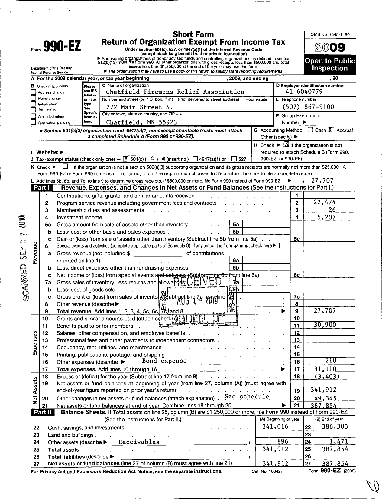 Image of first page of 2009 Form 990EO for Chatfield Fire Department Relief Association