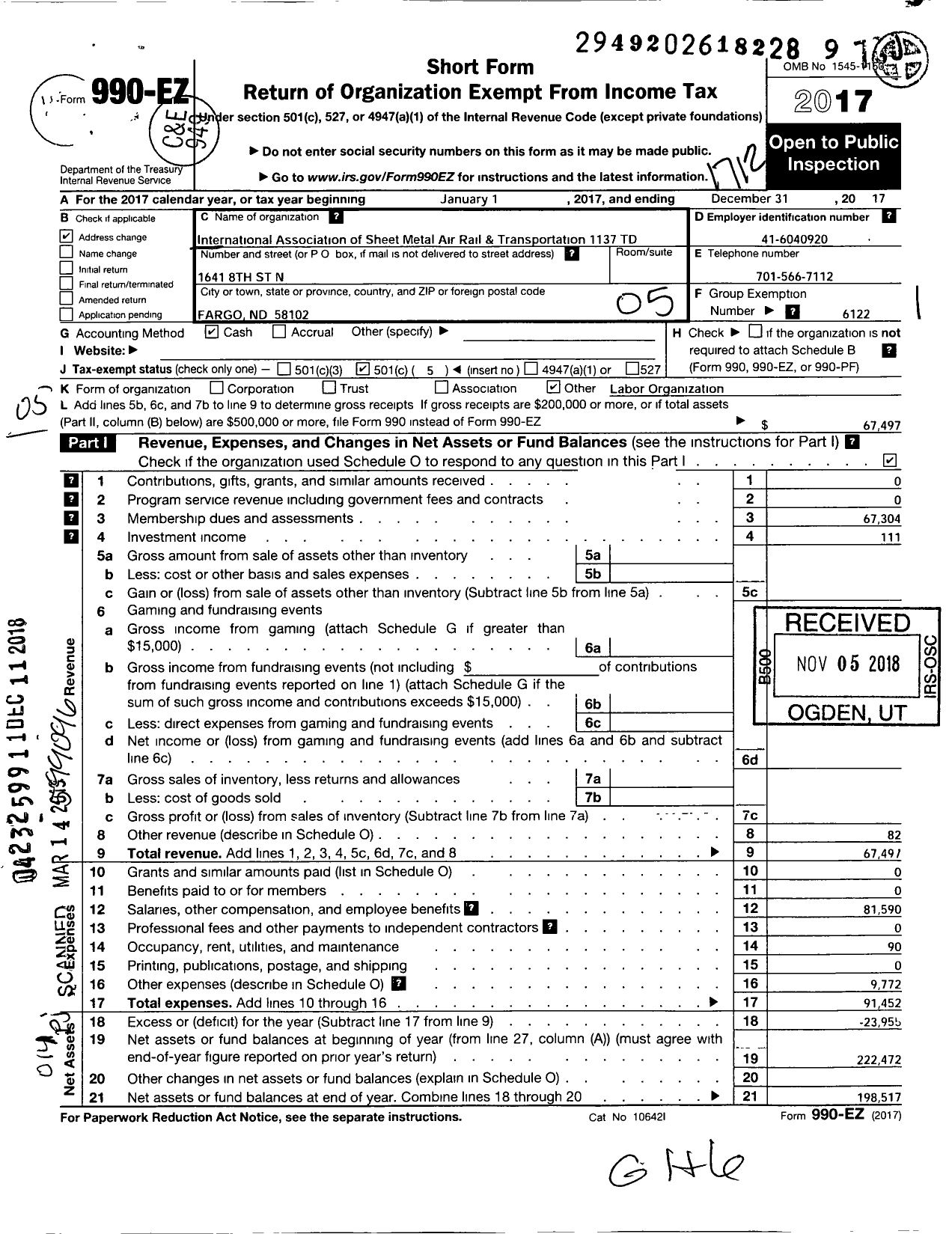 Image of first page of 2017 Form 990EO for Smart Union - 1137 TD