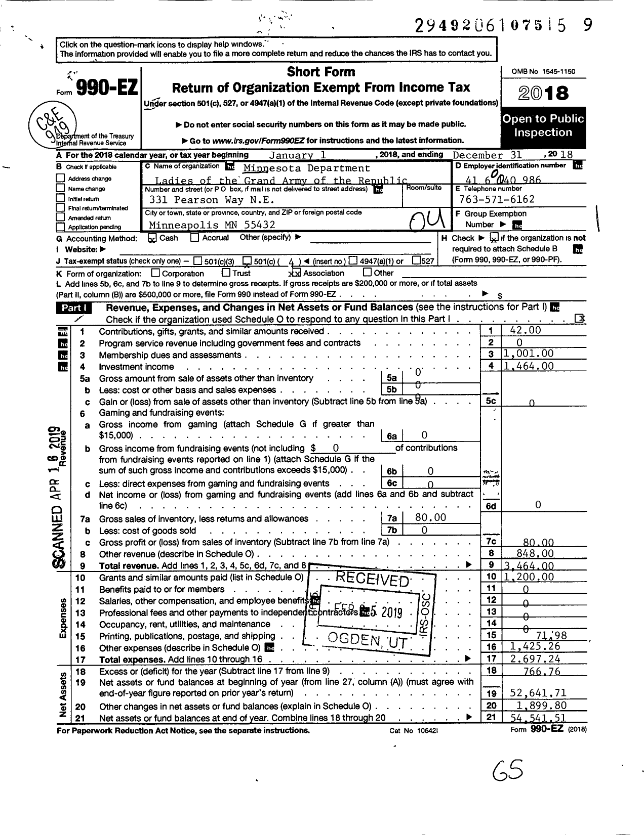 Image of first page of 2018 Form 990EO for Ladies of the Grand Army of the Republic