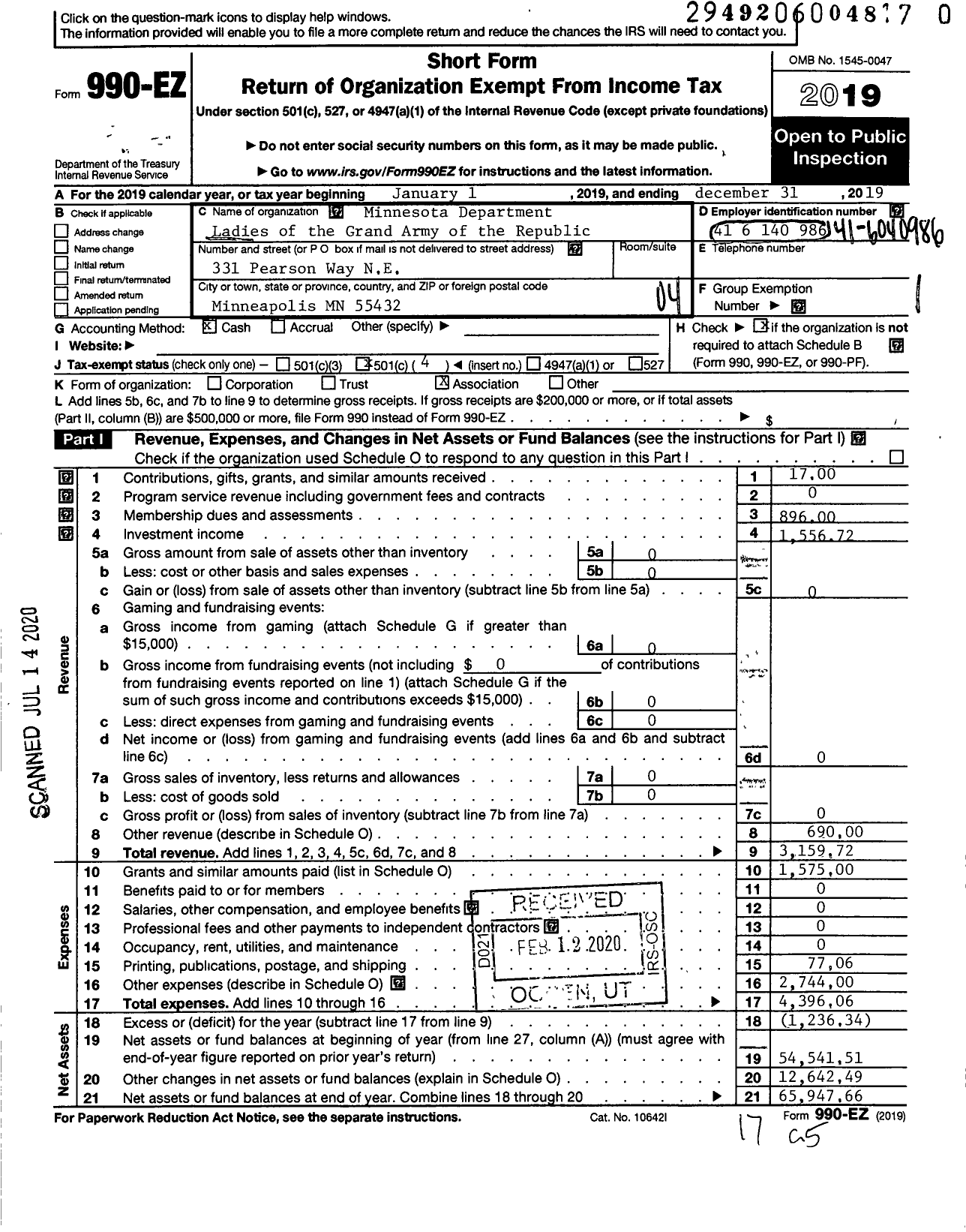 Image of first page of 2019 Form 990EO for Ladies of the Grand Army of the Republic