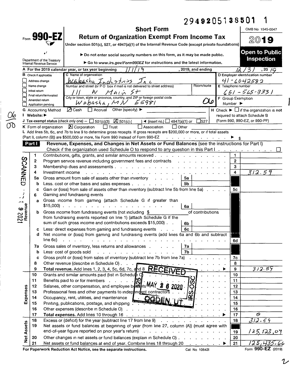 Image of first page of 2019 Form 990EO for Wabasha Industries