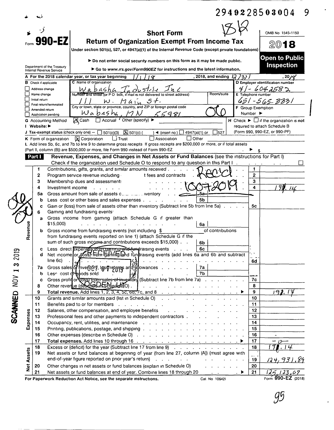 Image of first page of 2018 Form 990EO for Wabasha Industries