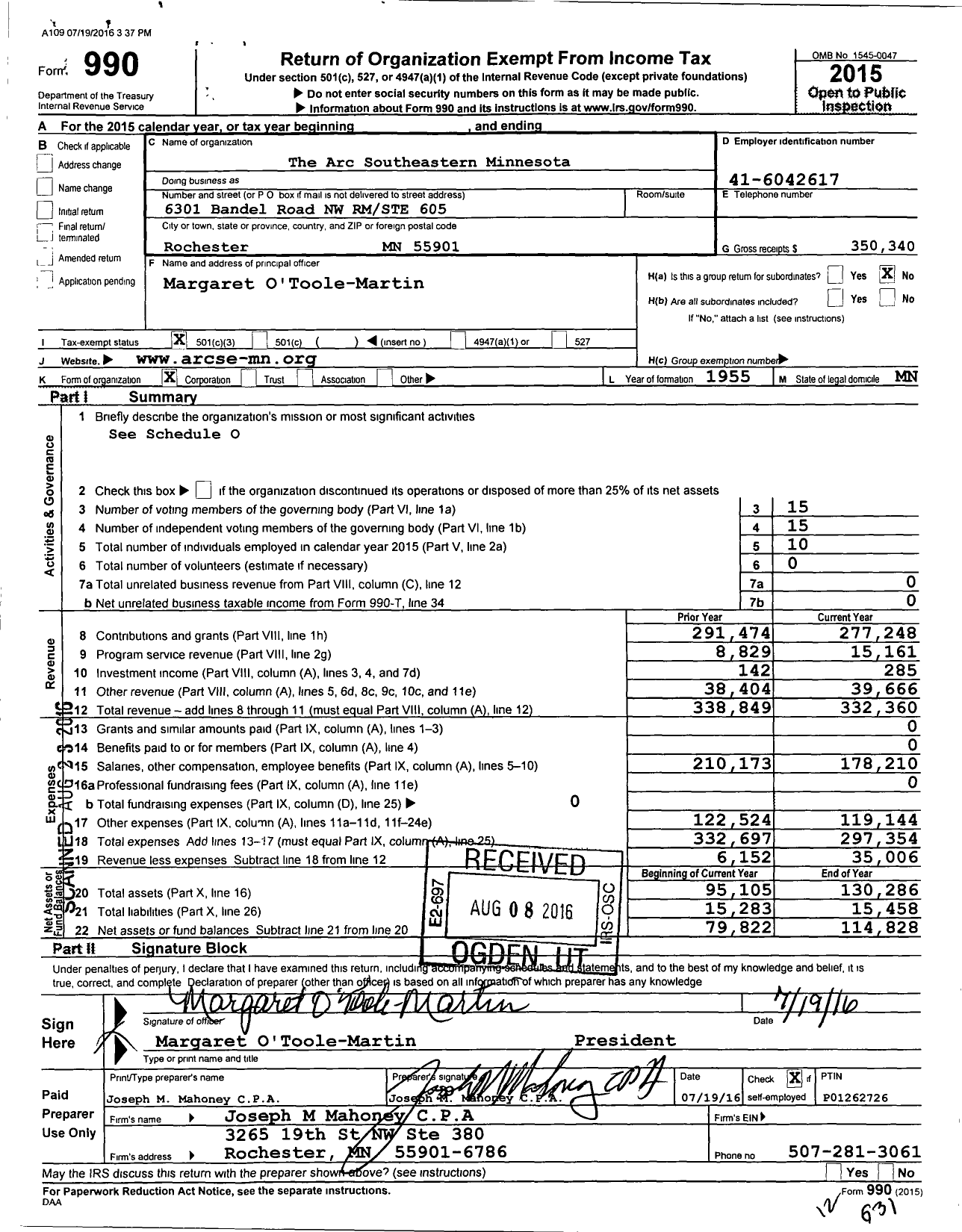 Image of first page of 2015 Form 990 for Arc Southeastern Minnesota