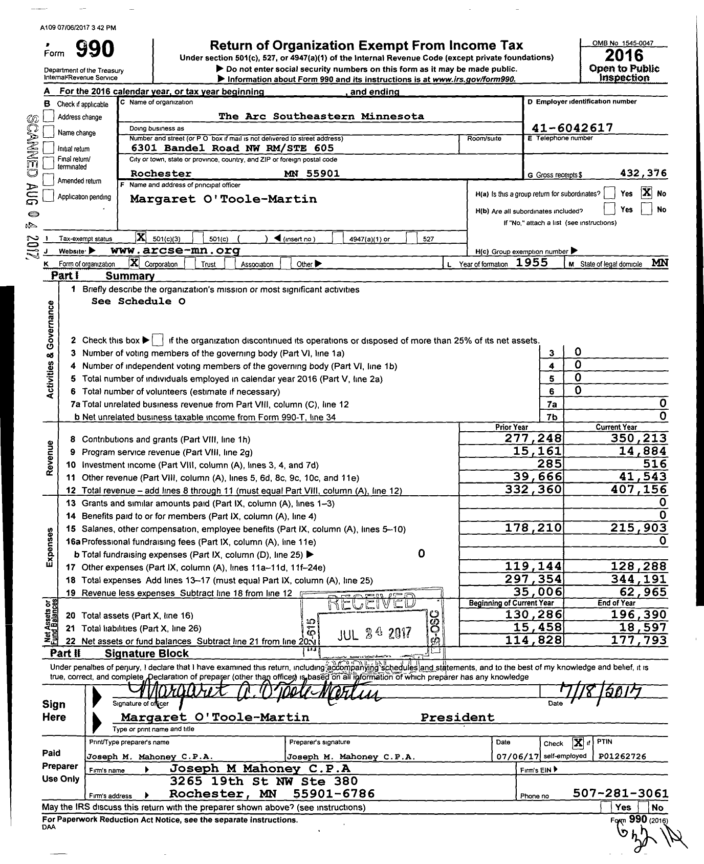 Image of first page of 2016 Form 990 for Arc Southeastern Minnesota