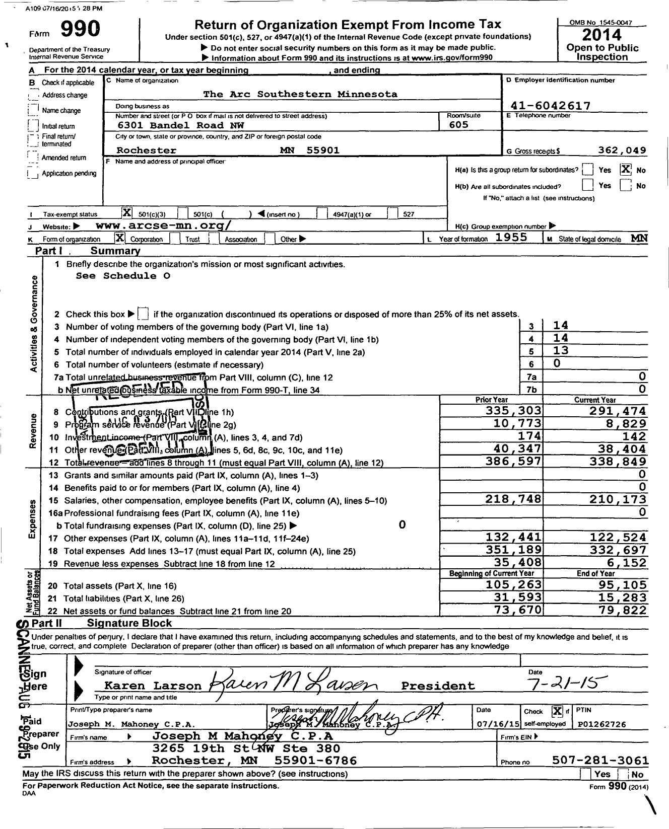 Image of first page of 2014 Form 990 for Arc Southeastern Minnesota