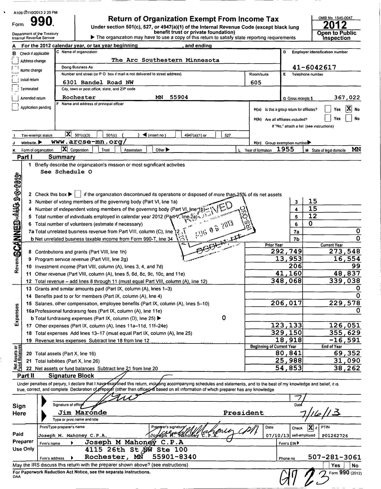 Image of first page of 2012 Form 990 for Arc Southeastern Minnesota