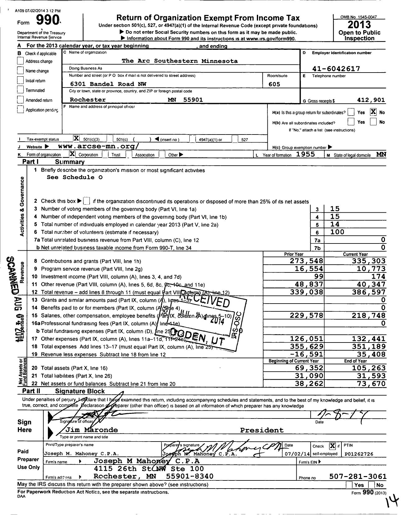 Image of first page of 2013 Form 990 for Arc Southeastern Minnesota