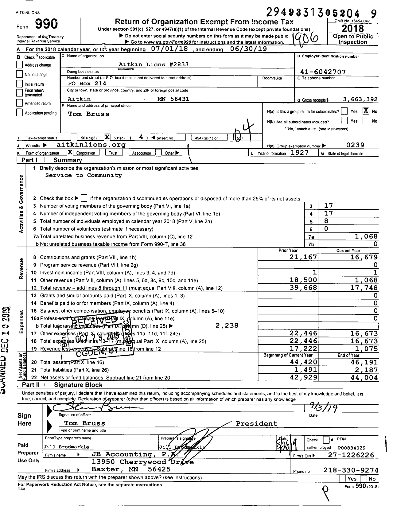 Image of first page of 2018 Form 990O for Lions Clubs - 2833 Aitkin