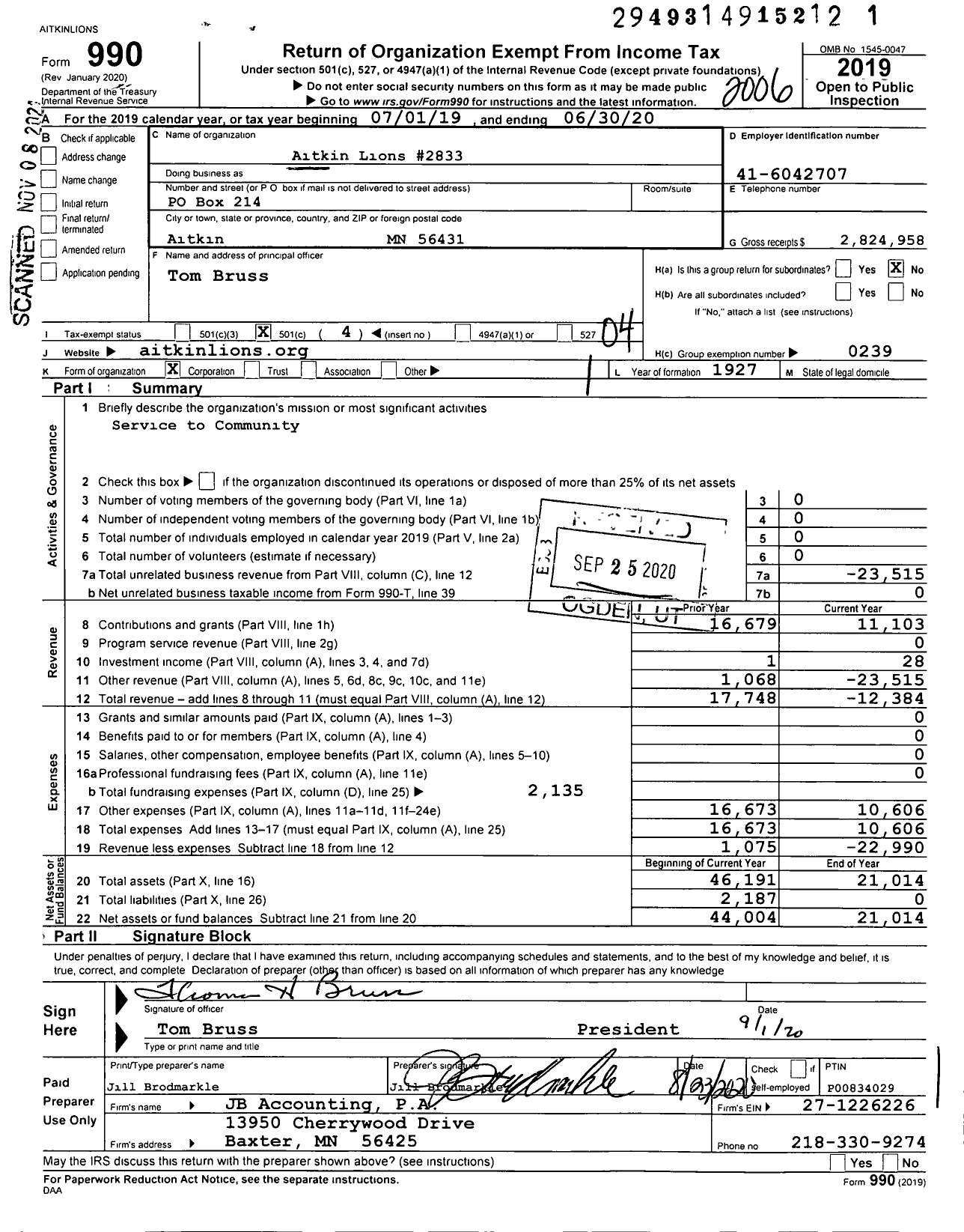 Image of first page of 2019 Form 990O for Lions Clubs - 2833 Aitkin