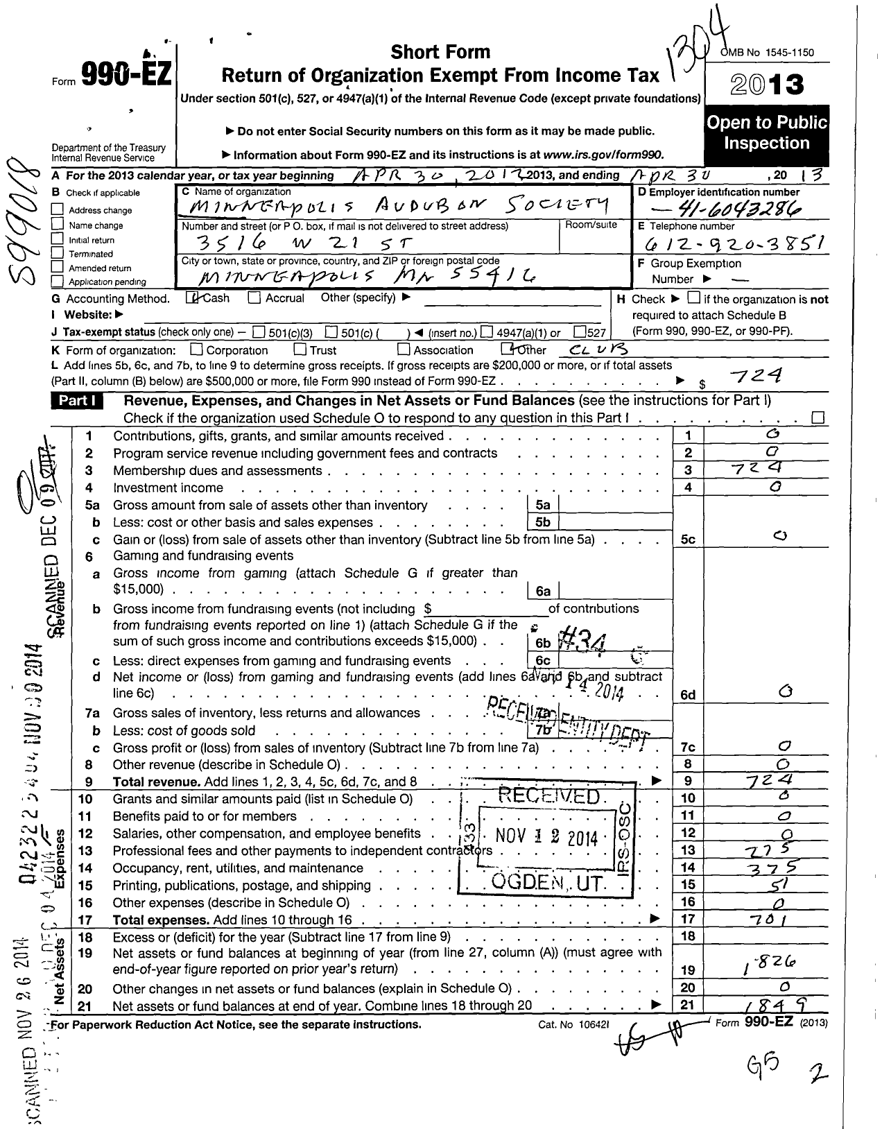 Image of first page of 2012 Form 990EO for Minneapolis Audubon Society