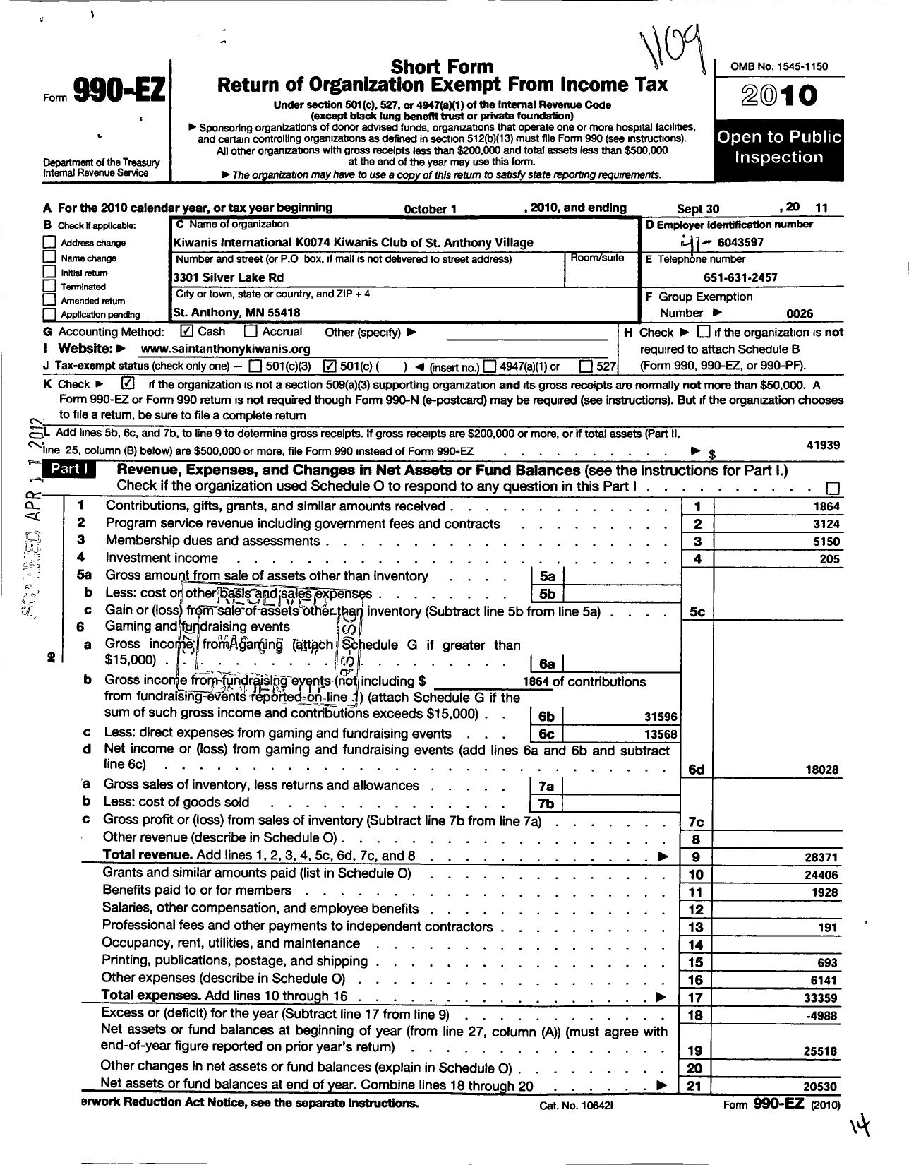 Image of first page of 2010 Form 990EO for Kiwanis International - K05562 Saint Anthony