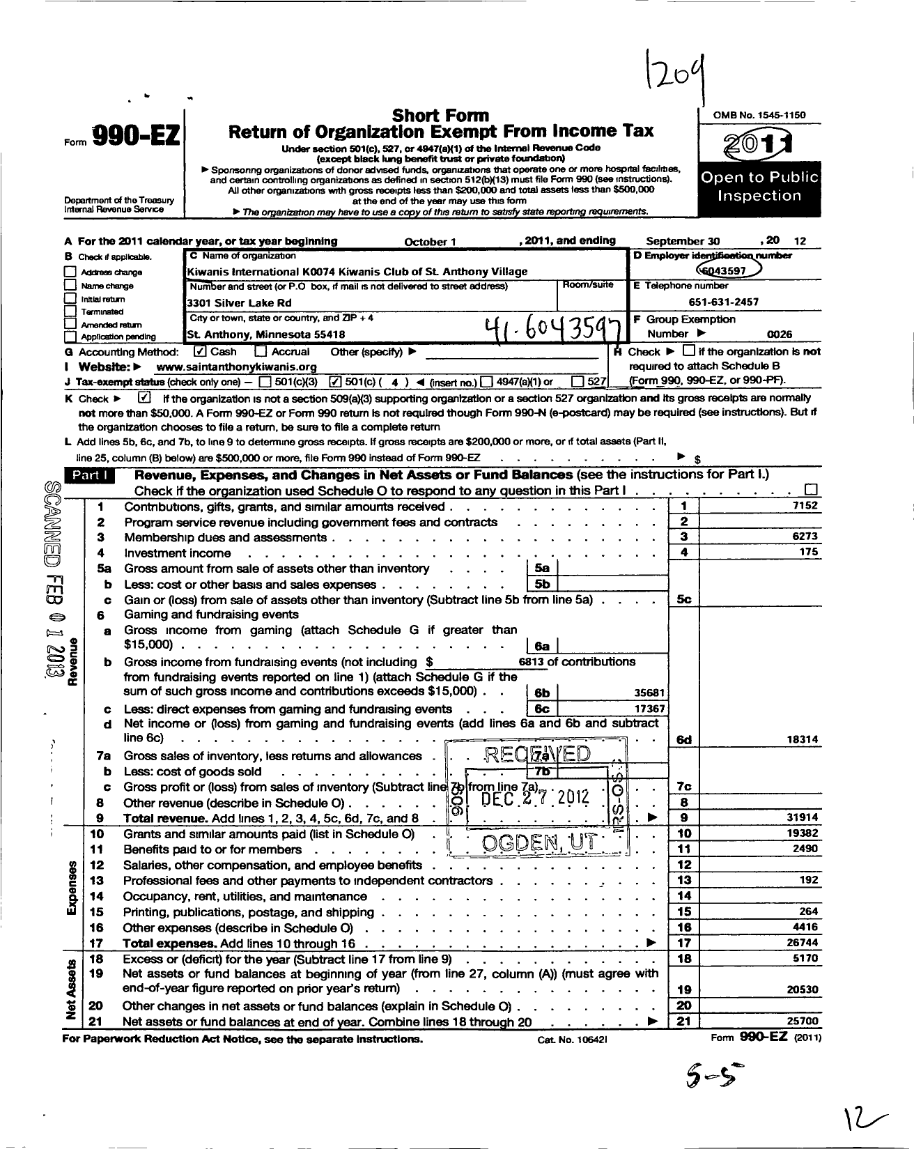 Image of first page of 2011 Form 990EO for Kiwanis International - K05562 Saint Anthony