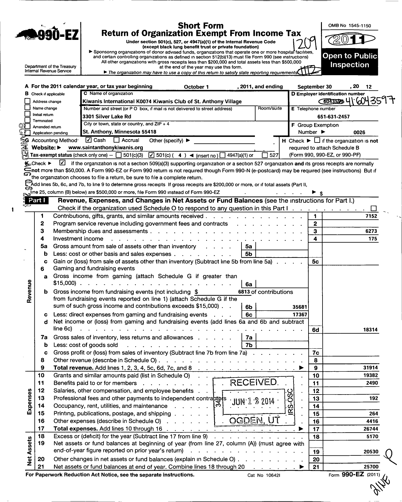 Image of first page of 2011 Form 990EO for Kiwanis International - K05562 Saint Anthony