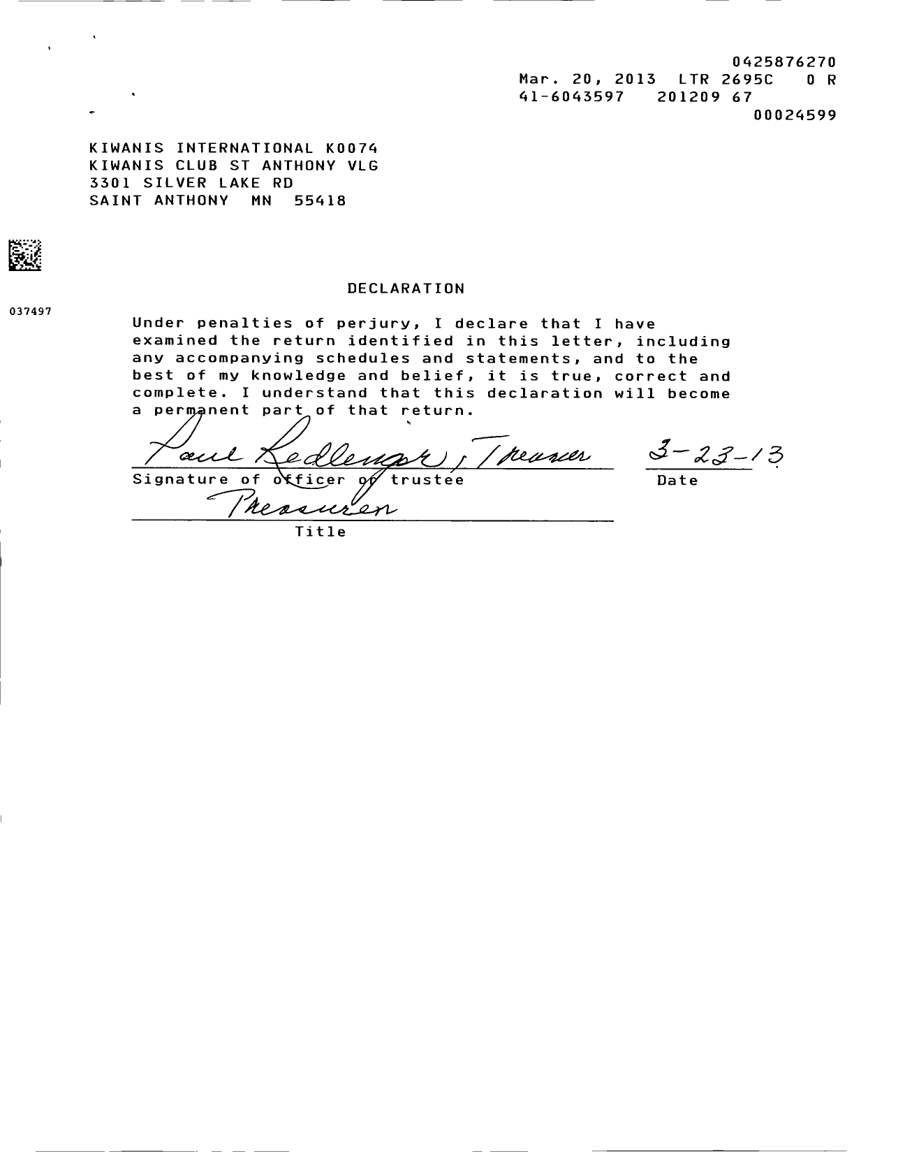 Image of first page of 2011 Form 990EOR for Kiwanis International - K05562 Saint Anthony