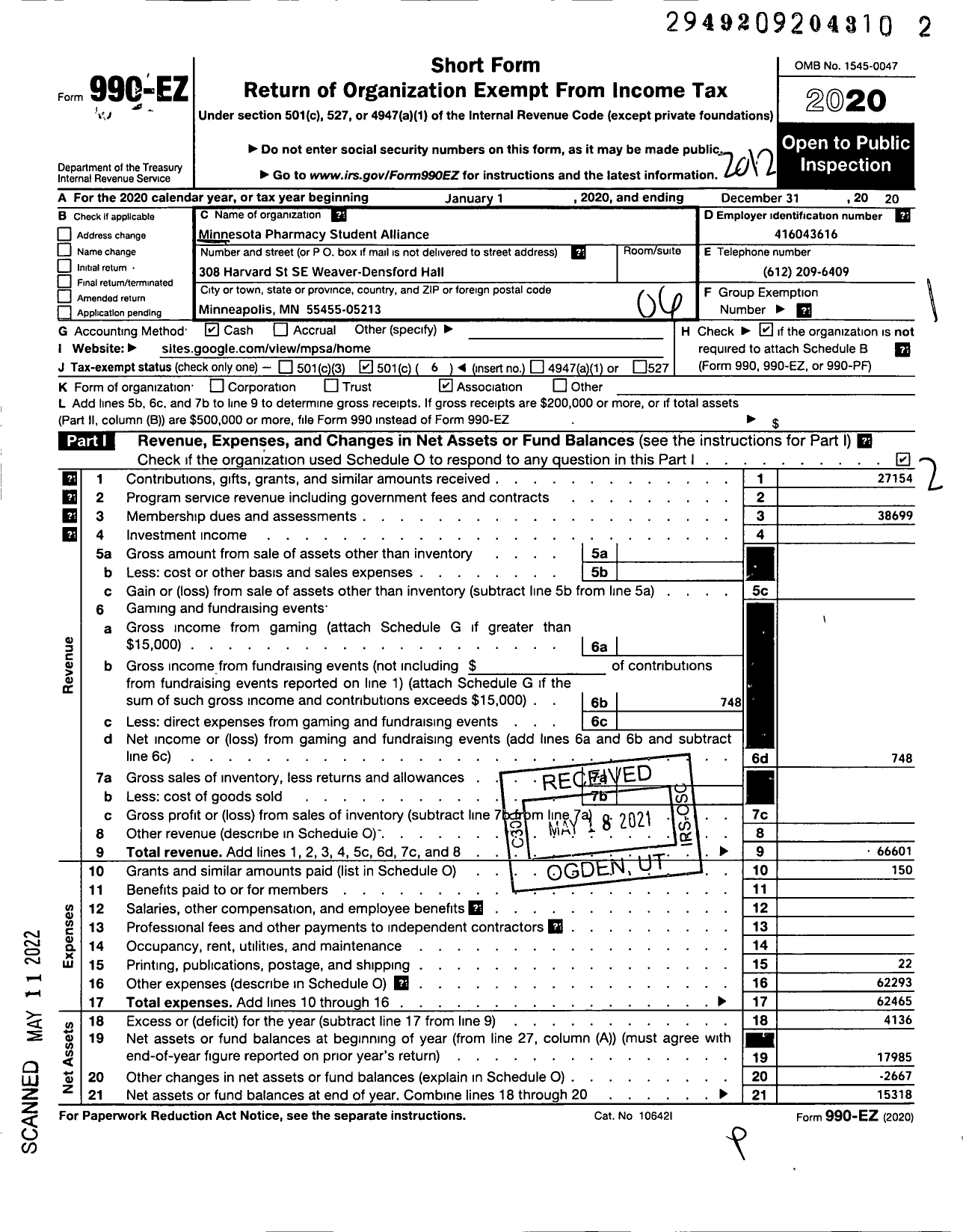 Image of first page of 2020 Form 990EO for American Pharmacists Association Academy of Student Pharmacists / University of Minnesota Cop