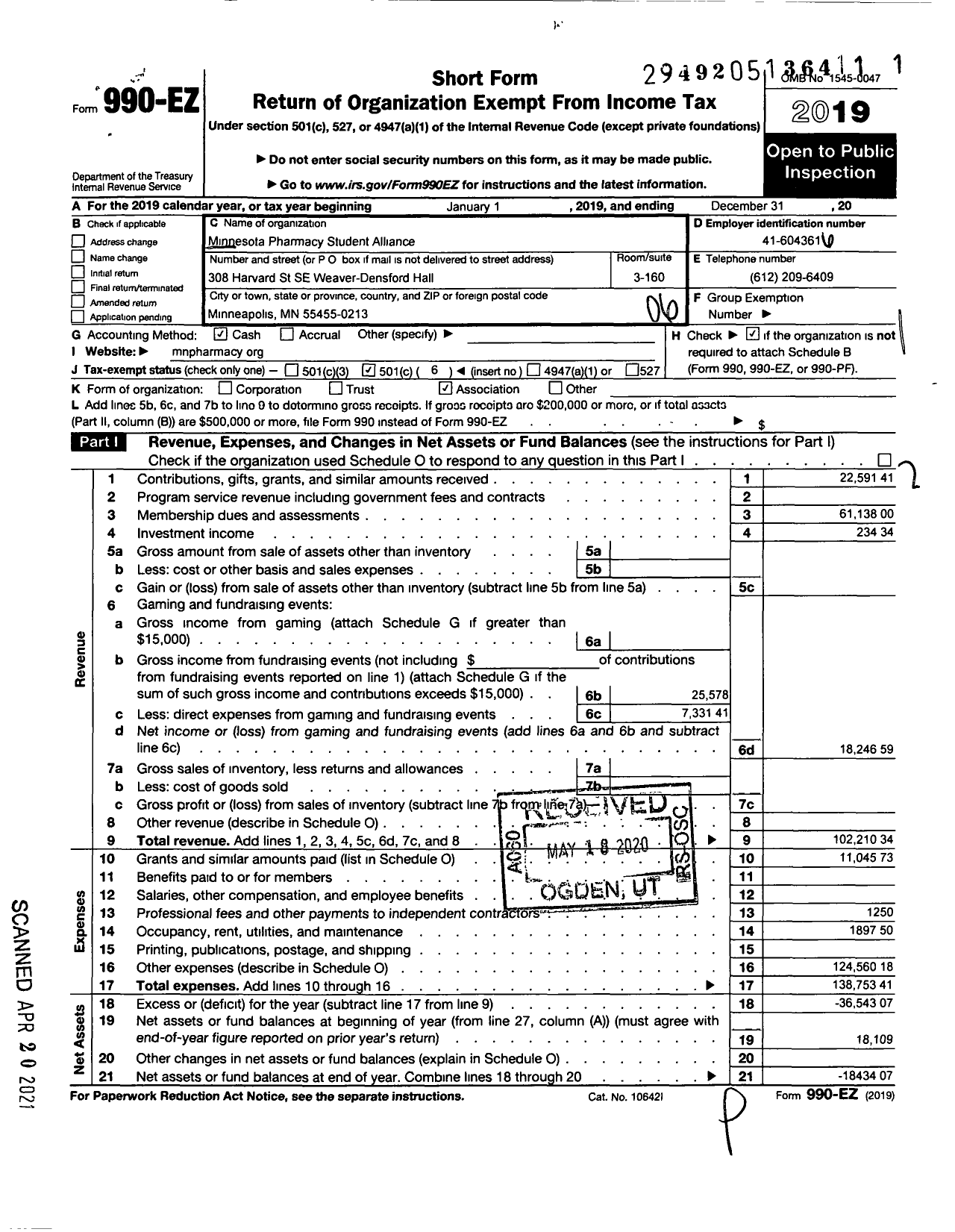 Image of first page of 2019 Form 990EO for American Pharmacists Association Academy of Student Pharmacists / University of Minnesota Cop