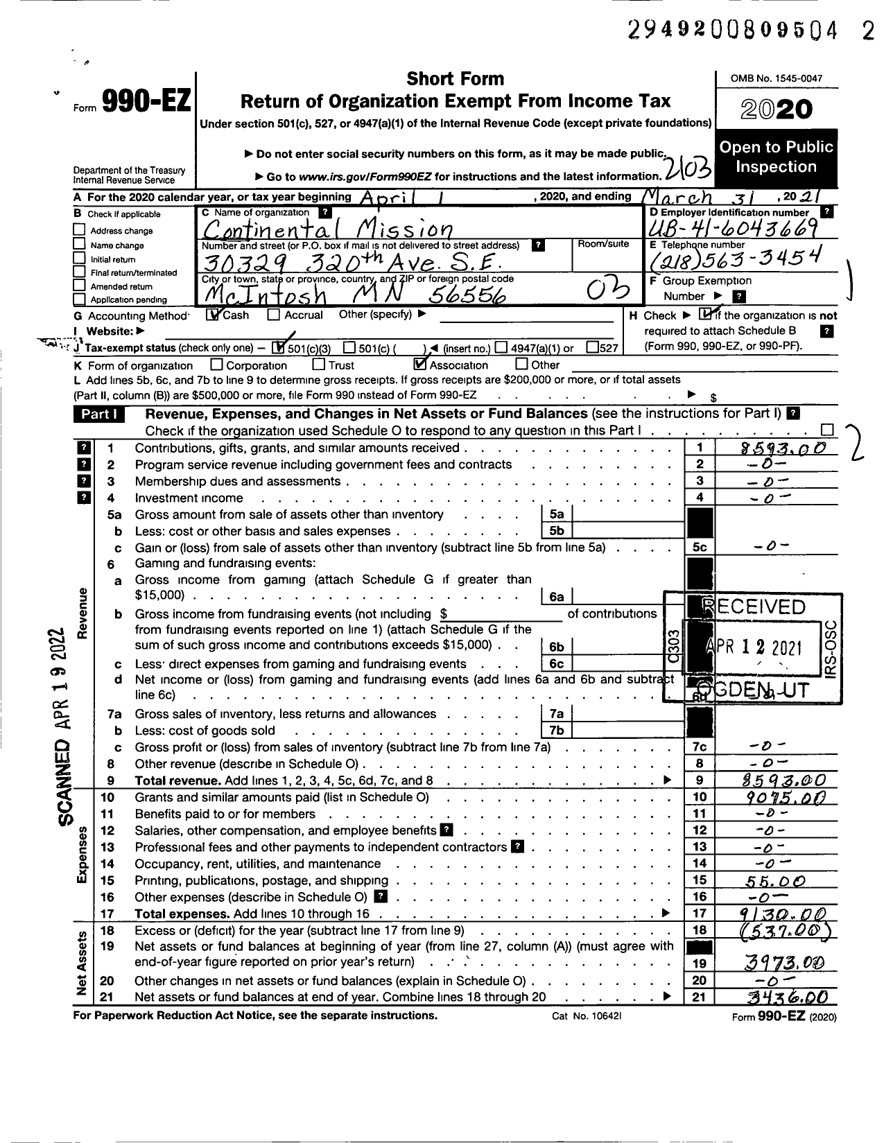 Image of first page of 2020 Form 990EZ for Continental Mission