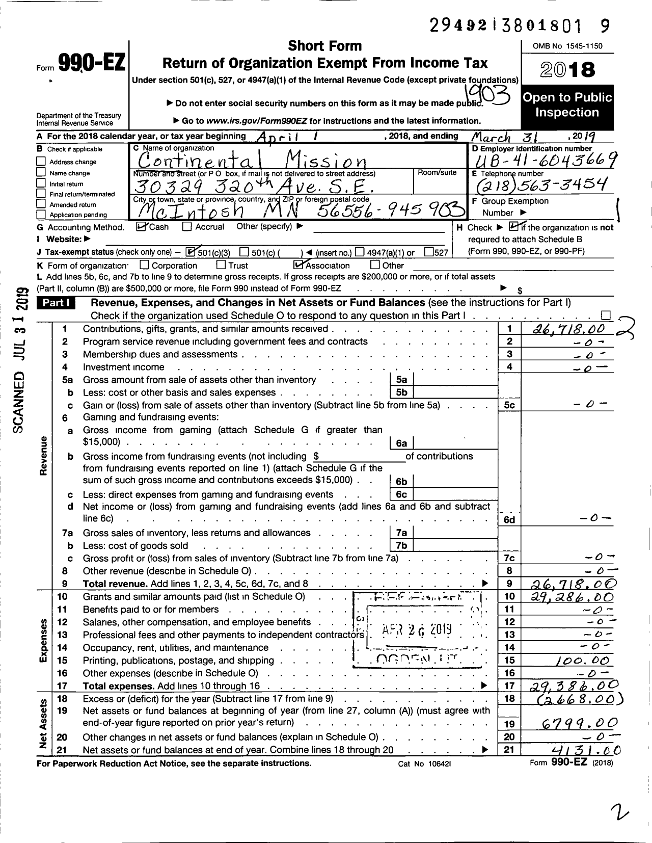 Image of first page of 2018 Form 990EZ for Continental Mission