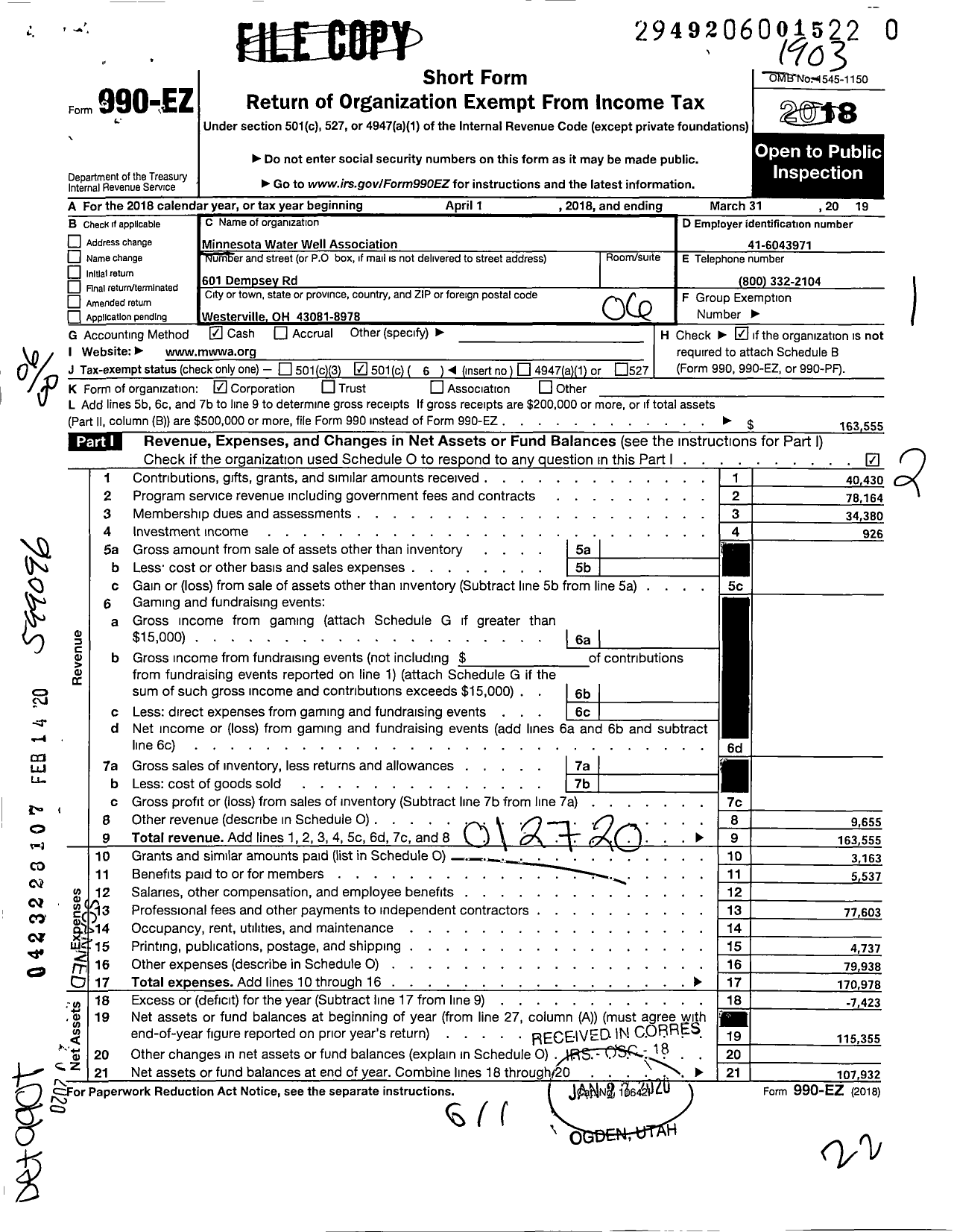 Image of first page of 2018 Form 990EO for Minnesota Water Well Association