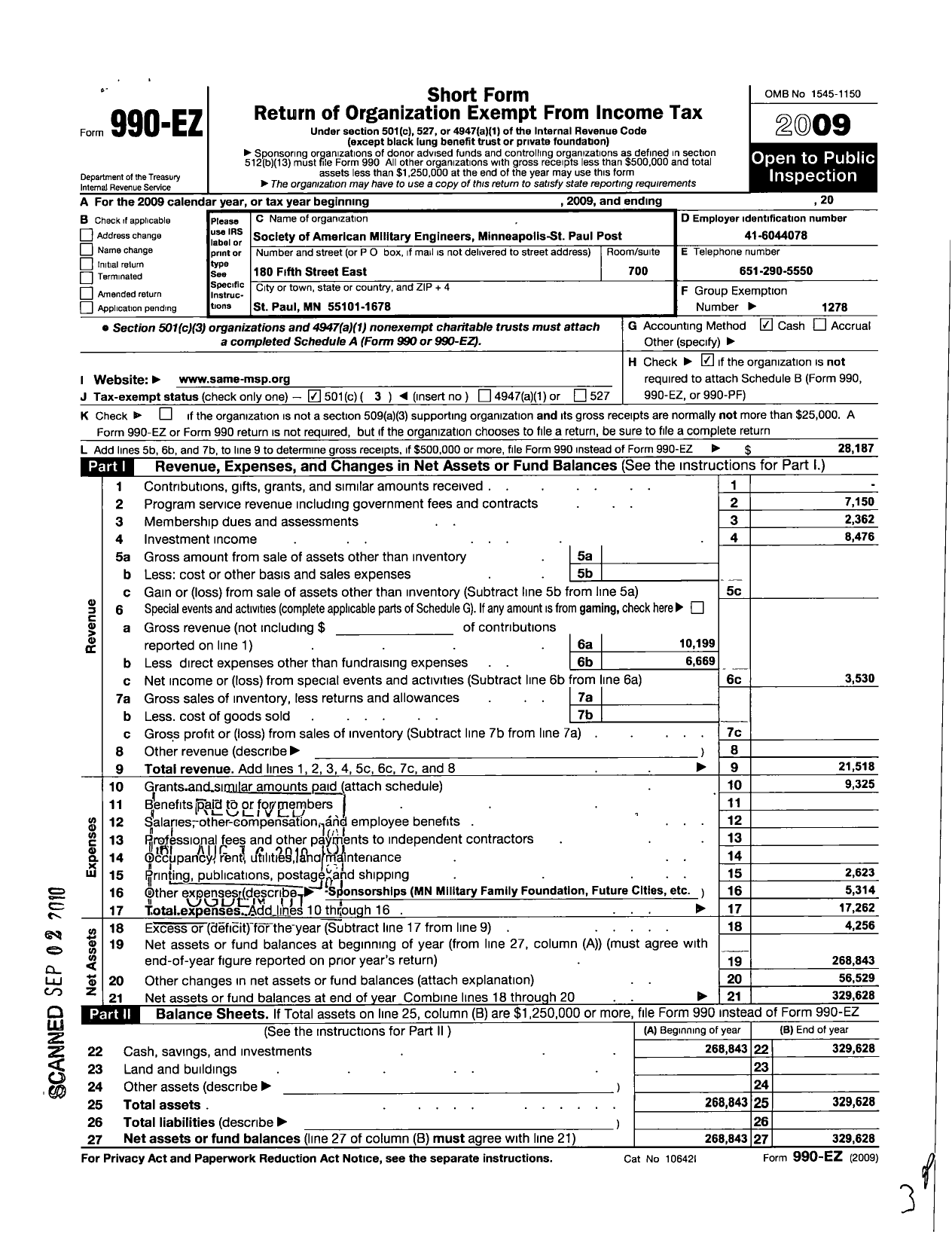 Image of first page of 2009 Form 990EZ for Society of American Military Engineers / S A M E Minneapolis-St Paul Post