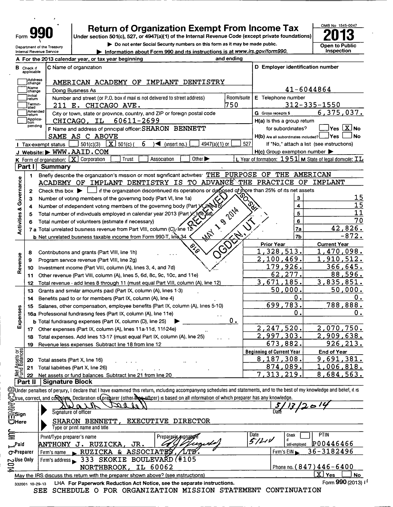 Image of first page of 2013 Form 990O for American Academy of Implant Dentistry (AAID)