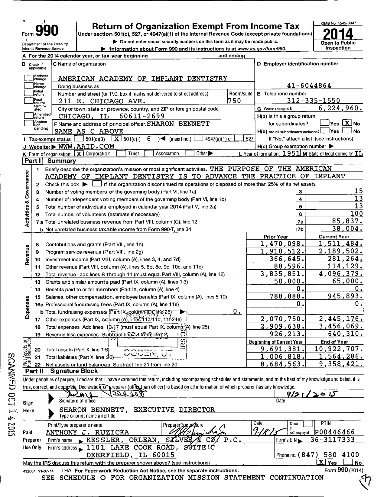 Image of first page of 2014 Form 990O for American Academy of Implant Dentistry (AAID)