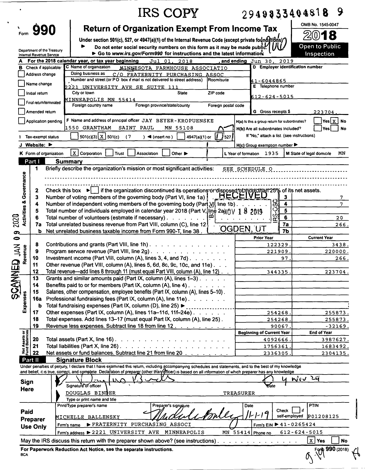 Image of first page of 2018 Form 990O for Minnesota Farmhouse Association