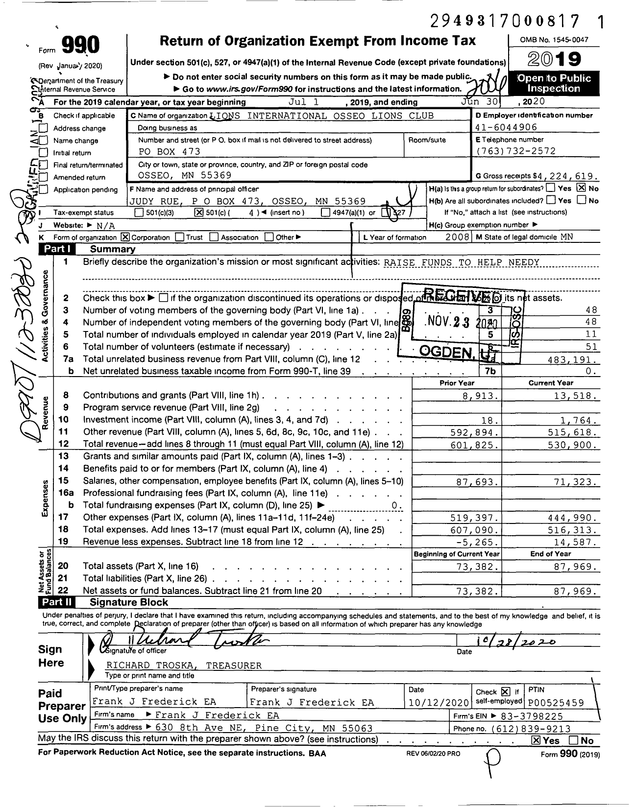 Image of first page of 2019 Form 990O for Lions Clubs - 2979 Osseo