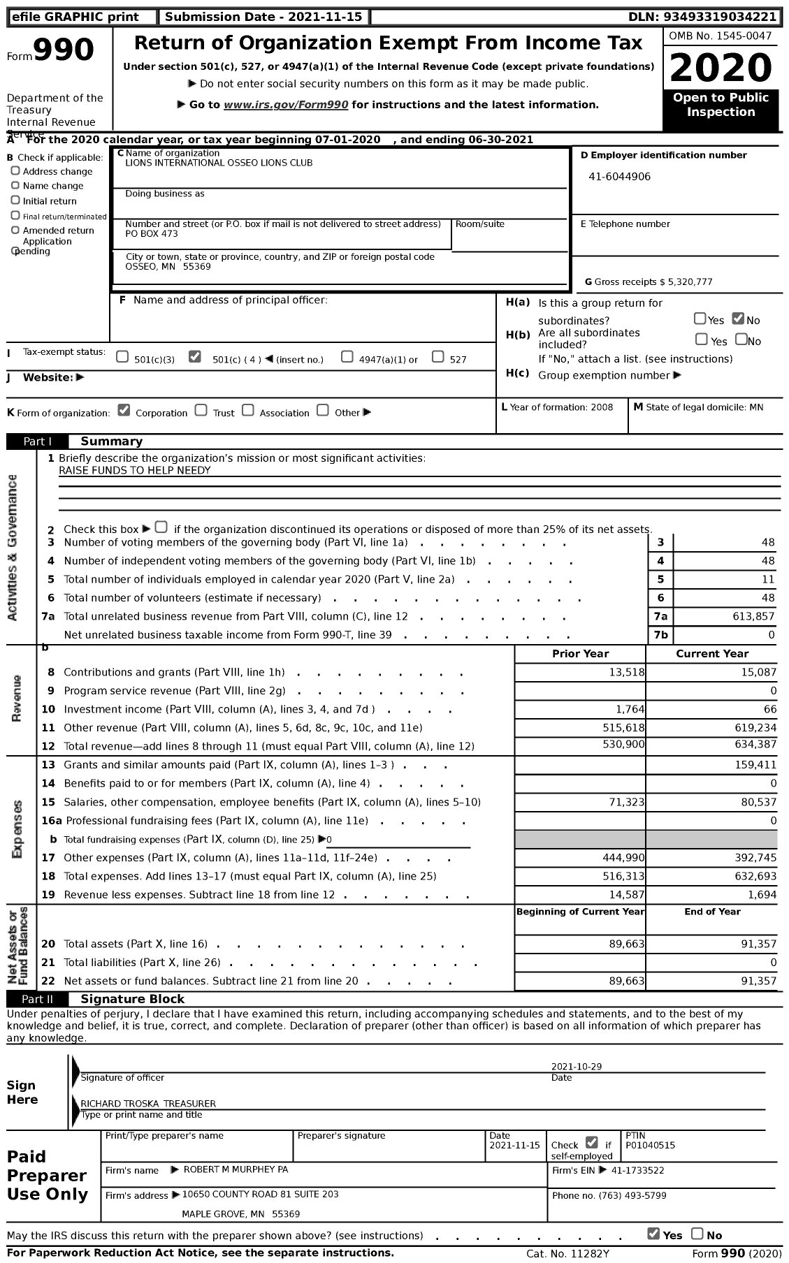 Image of first page of 2020 Form 990 for Lions Clubs - 2979 Osseo