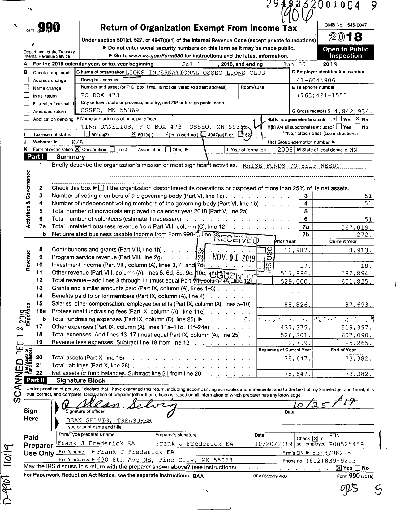 Image of first page of 2018 Form 990O for Lions Clubs - 2979 Osseo