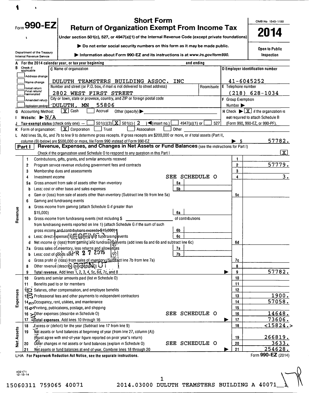 Image of first page of 2014 Form 990EO for Duluth Teamsters Building Association